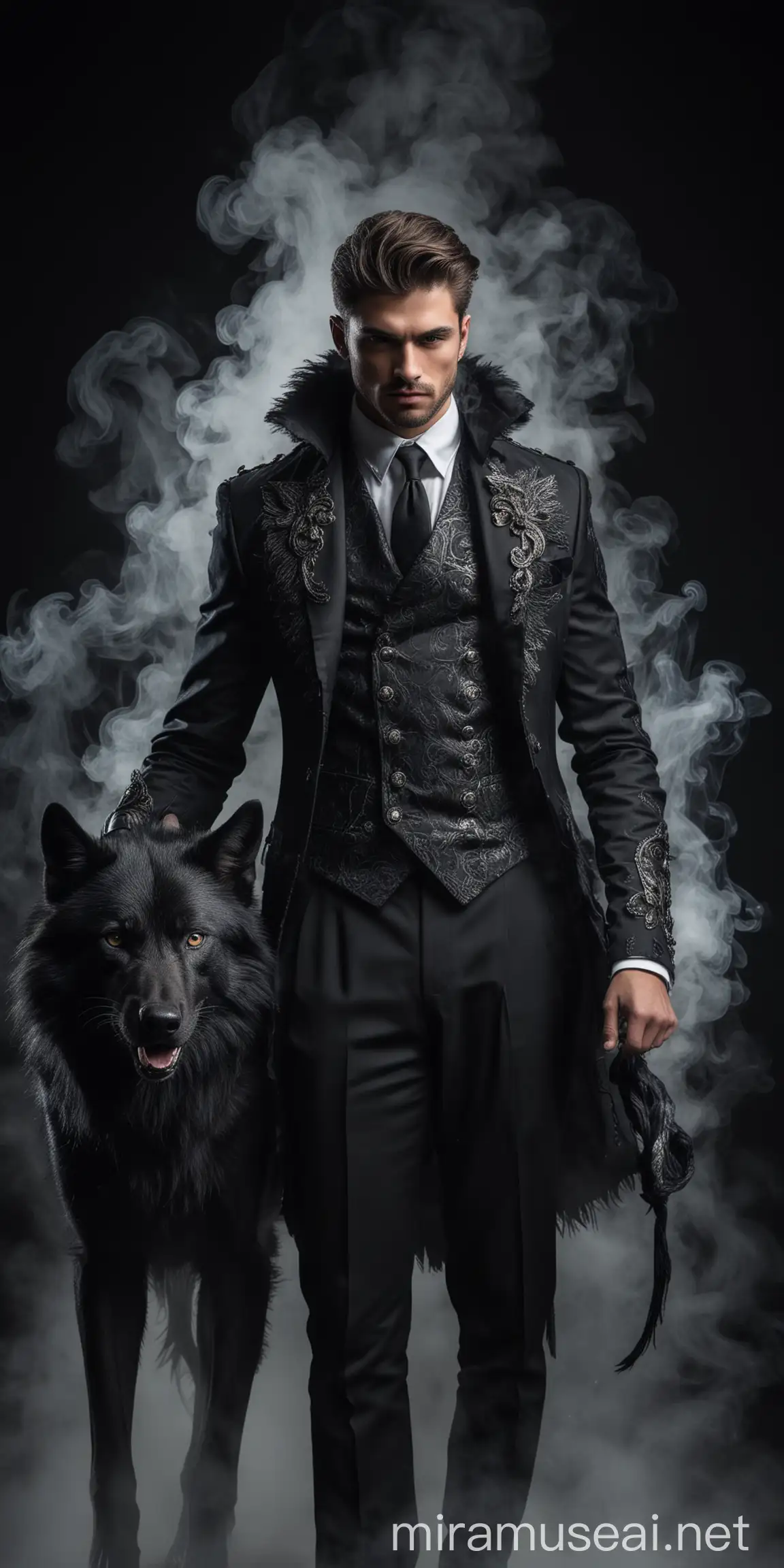 Royal Man with Black Wolf in Mystical Smoke