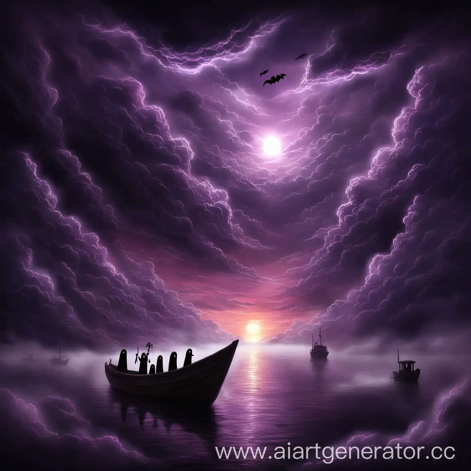 Рисунок фиолетовые облака заката. в дали облаков маленькая, старая лодка. Странные, страшные, не понятные силуэты по своему изображению как будто призраки, особенно на заднем фоне. Дым. Жуть  и Световые проблески внушающие надежду .