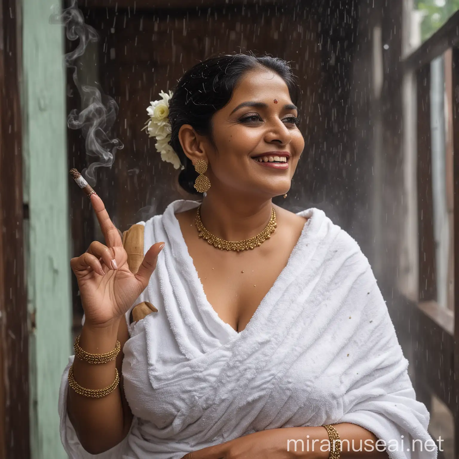 a indian mature  fat woman having big stomach age 57 years old attractive looks with make up on face ,binding her high volume hairs, Gajra Bun Hairstyle. wearing metal anklet on feet and high heels, smoking a cigar  in her hand  , smoke is coming out from cigar  . she is happy and smiling. she is wearing pearl neck lace in her neck , earrings in ears, a gold spectacles with chain holder on her eyes and wearing  only a  white bath towel on her body. she is marching  in a luxurious porch  and enjoying the rain  ,   a muscular man is in background with blur, three black cats are near her  and its day time . its raining very heavy .