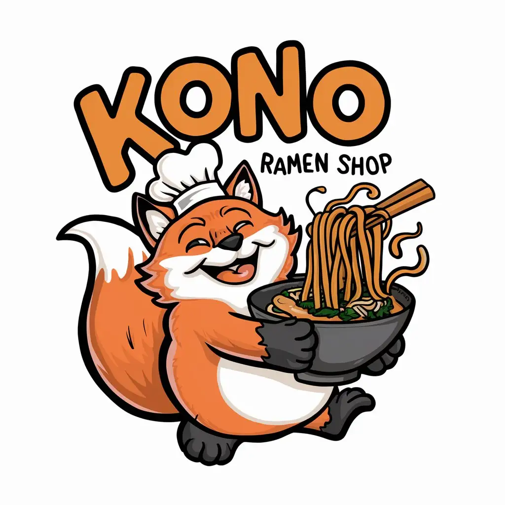 Draw a logo for a ramen shop where the hero is a happy nine tailed fox who eats ramen. The cafe is called KONO. The drawing should be cartoonish and memorable