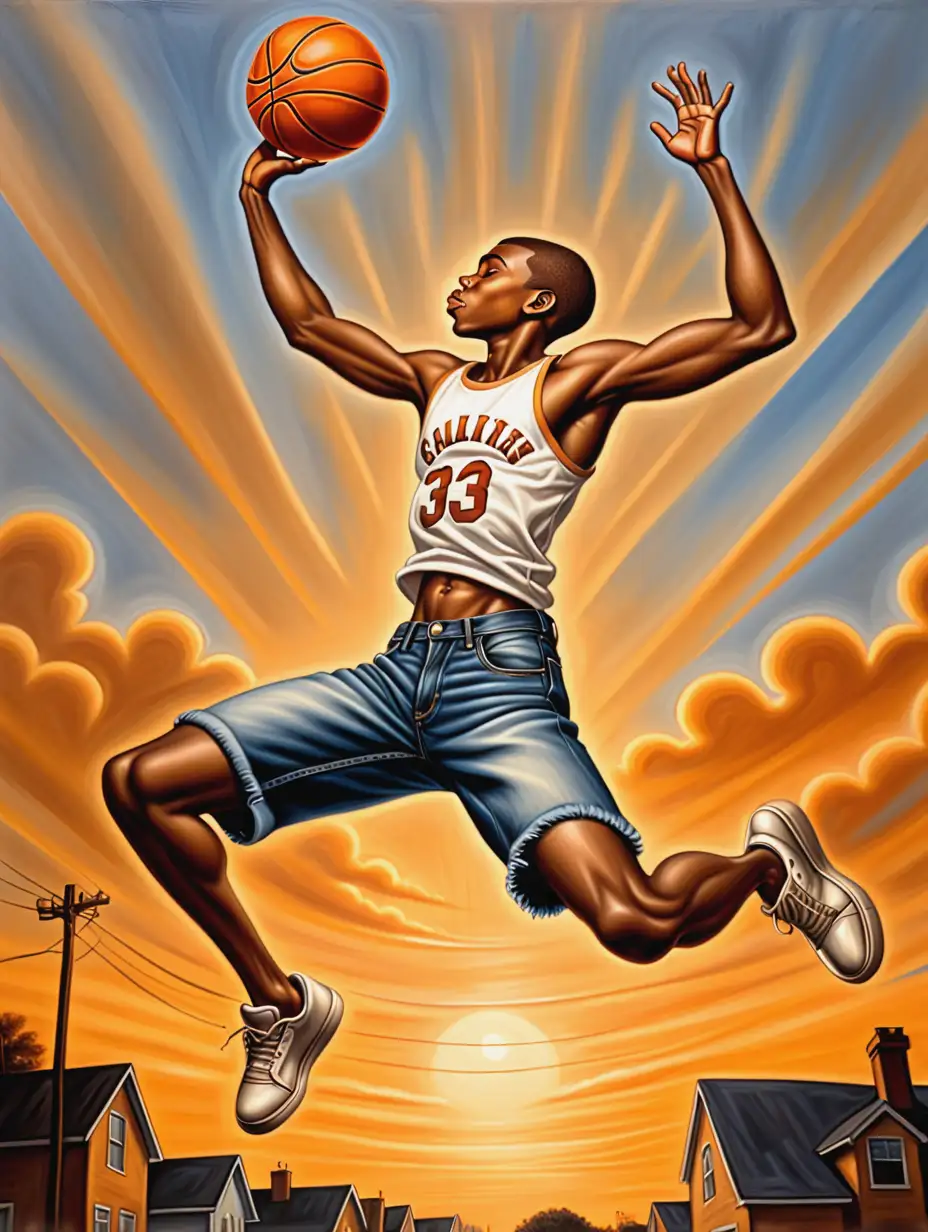 Create a oil painting in the style of the artist Ernie Barnes, of a Black teenager in jeans and tank top clothes shooting a jump shot in the air with basketball with beautiful golden sky with no clouds
