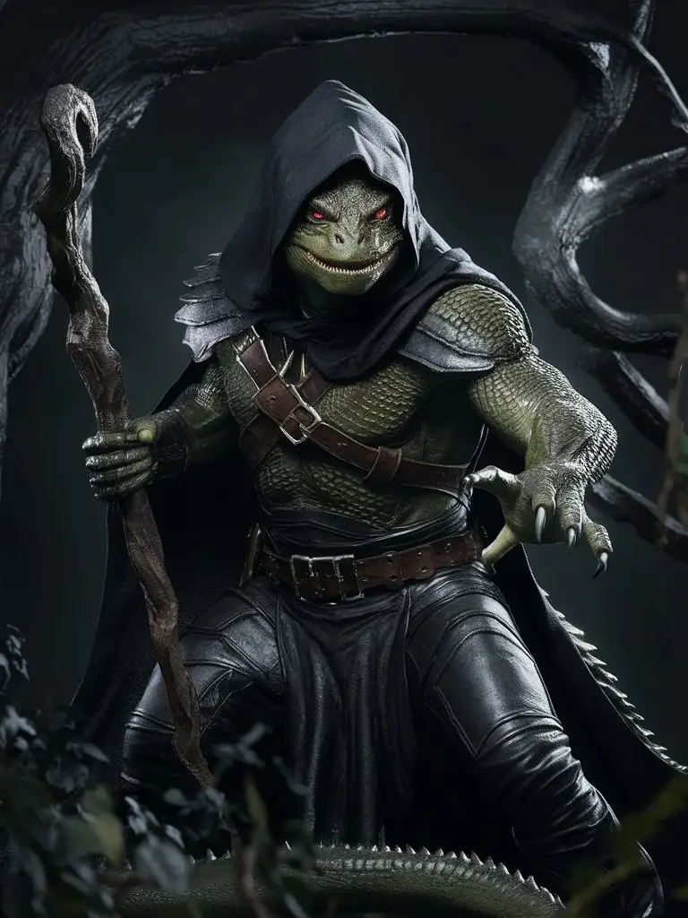 Malevolent Warlock Lizardman in Dark Green Scale Armor