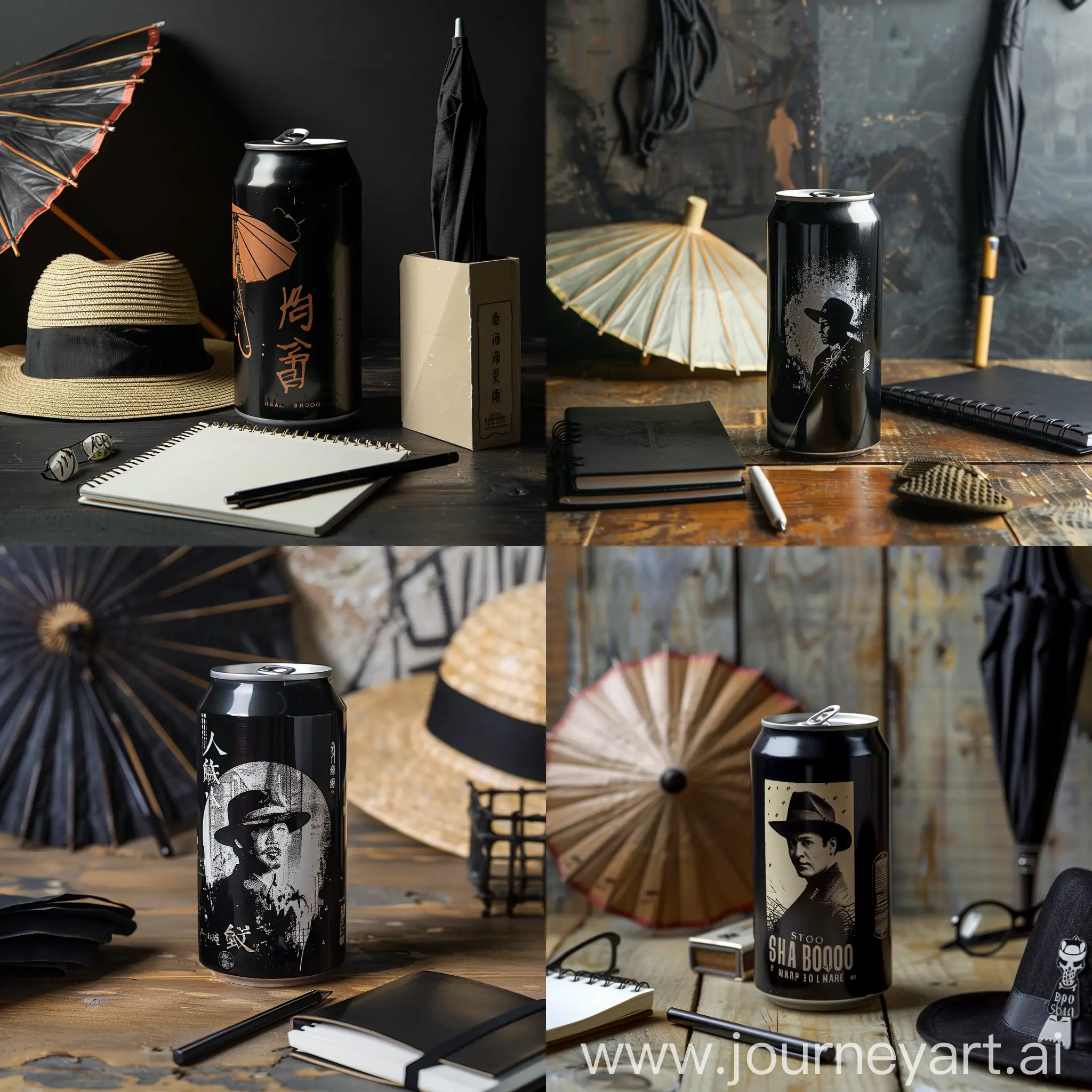 

A simple black soda can with a noir movie, a notebook, an umbrella and a Shapoo hat on the table  in vintage style, front view