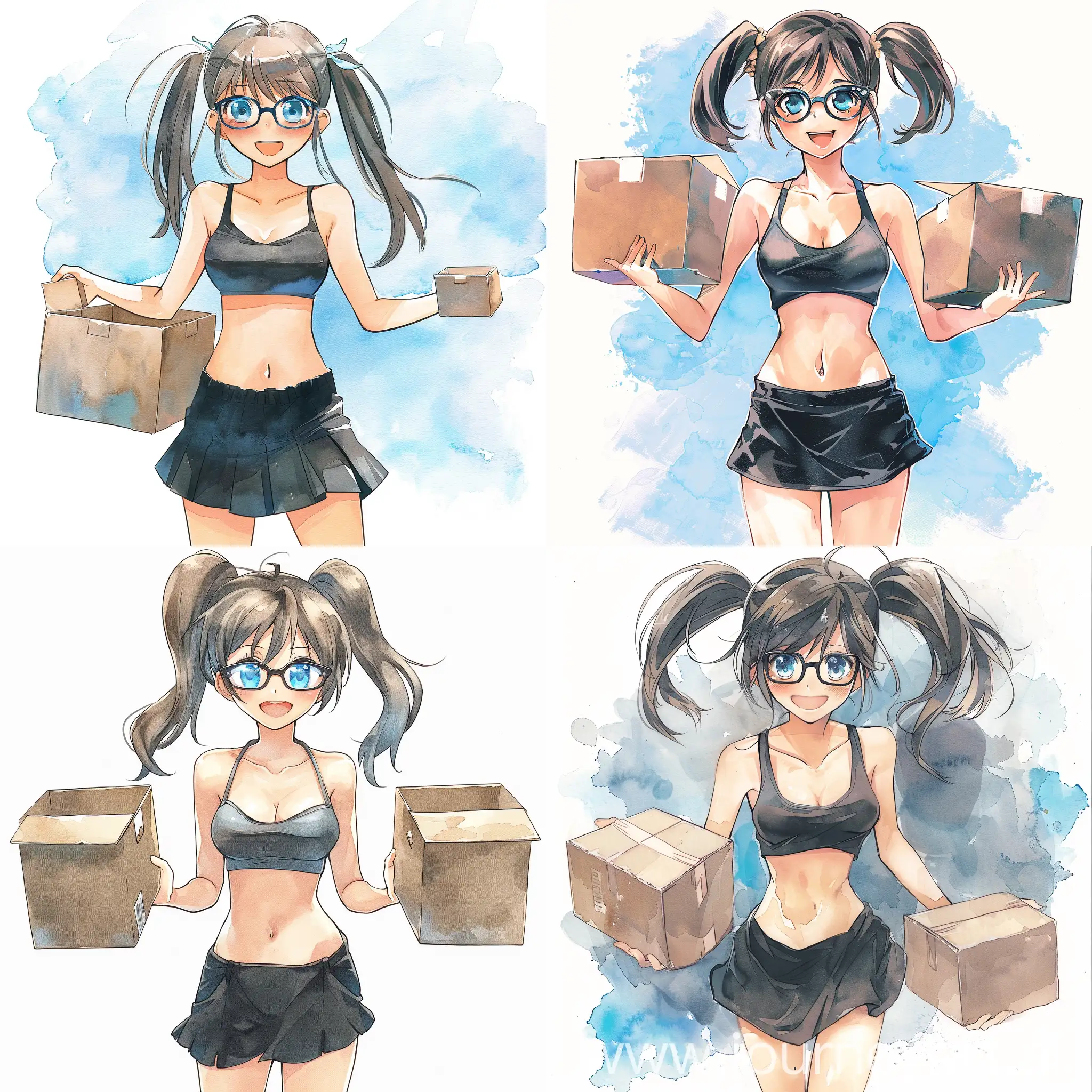 hd quality,good quality,high res,anime style image,anime girl,holding cardboard box with 2 hands,skirt black color,tank top black color,ponytail,glasses blue eyes,sexy figure,smile,top down view,watercolor,anime eyes,good mouth,watercolor