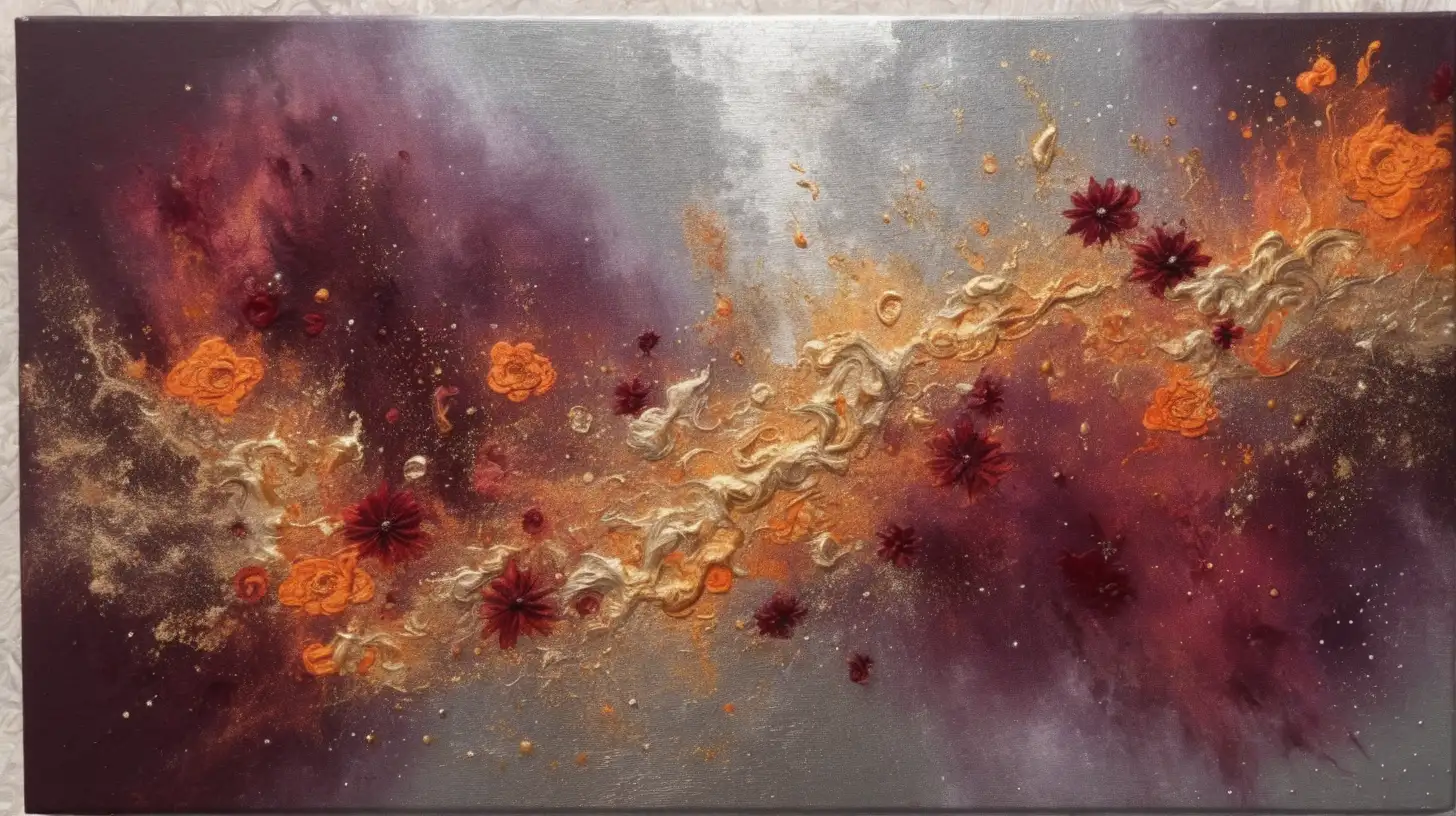 textured oil painting of abstract art of florescent colors burgundy and orange-color  in silver dust and and golden dust and a magical beige glow with luminescent  red flowers among galaxies and flames