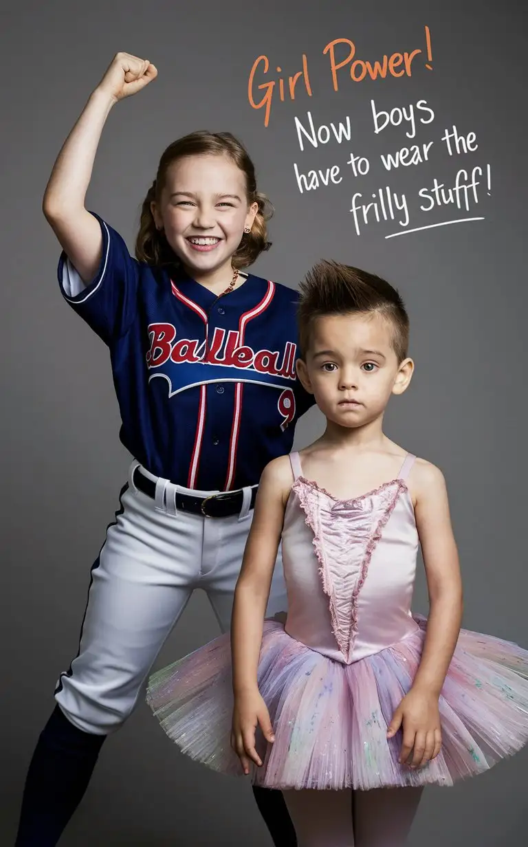 Gender role-reversal, Photograph of a 9-year-old smiling girl wearing a macho baseball uniform posing heroically, and a British white cute 7-year-old little moody boy with short smart spiky brown hair shaved on the sides standing awkwardly in a ballerina gown, English, perfect children faces, perfect faces, smooth, the photograph is captioned “Girl power! Now boys have to wear the frilly stuff!”