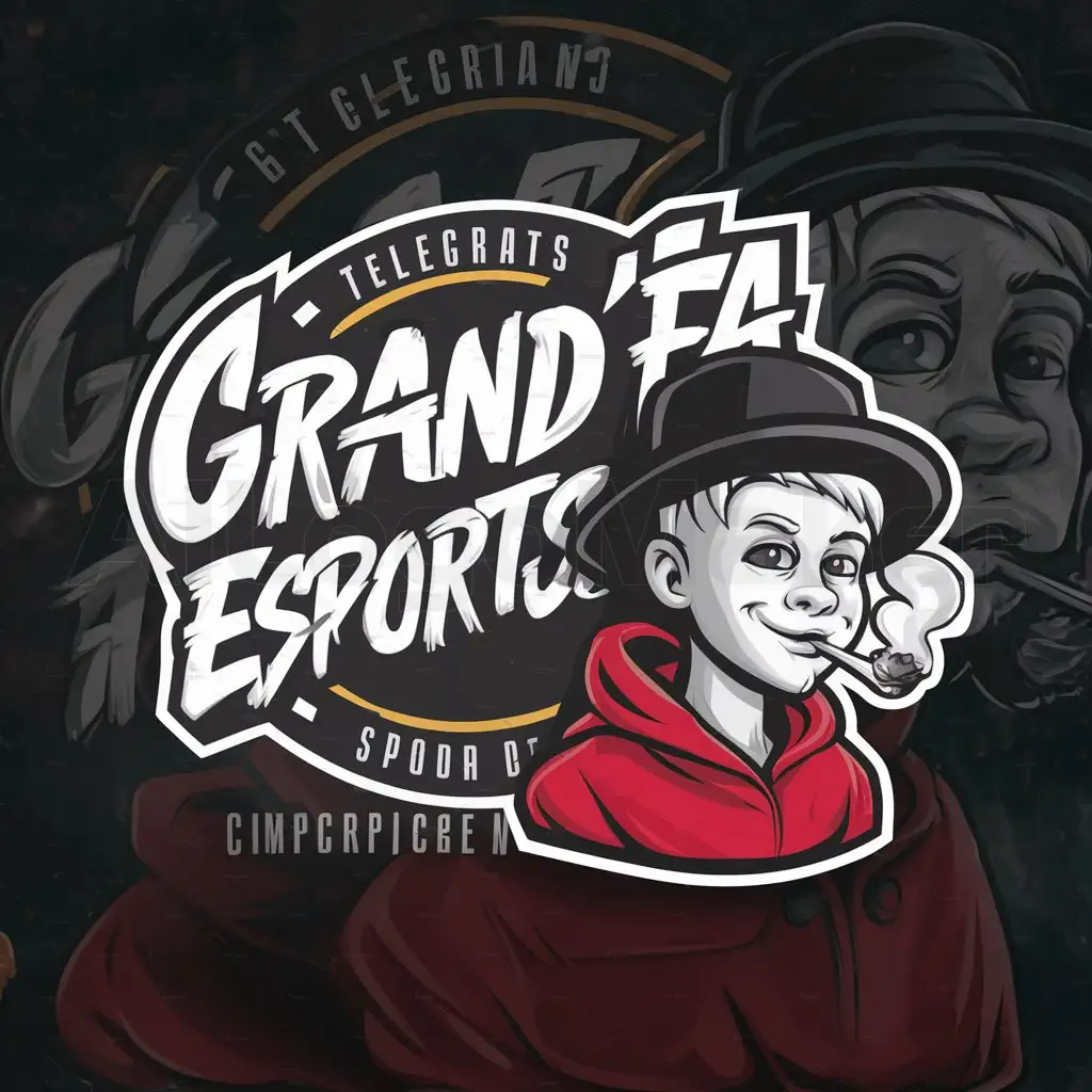 a logo design,with the text "GRAND'FA ESPORTS", main symbol:Logo round for telegram with graffiti style writing, dark background and main character a white-skinned boy smoking a joint with a red hoodie and black hat. Make everything very shady, try to define all the details as best as possible,Moderate,be used in Others industry,clear background