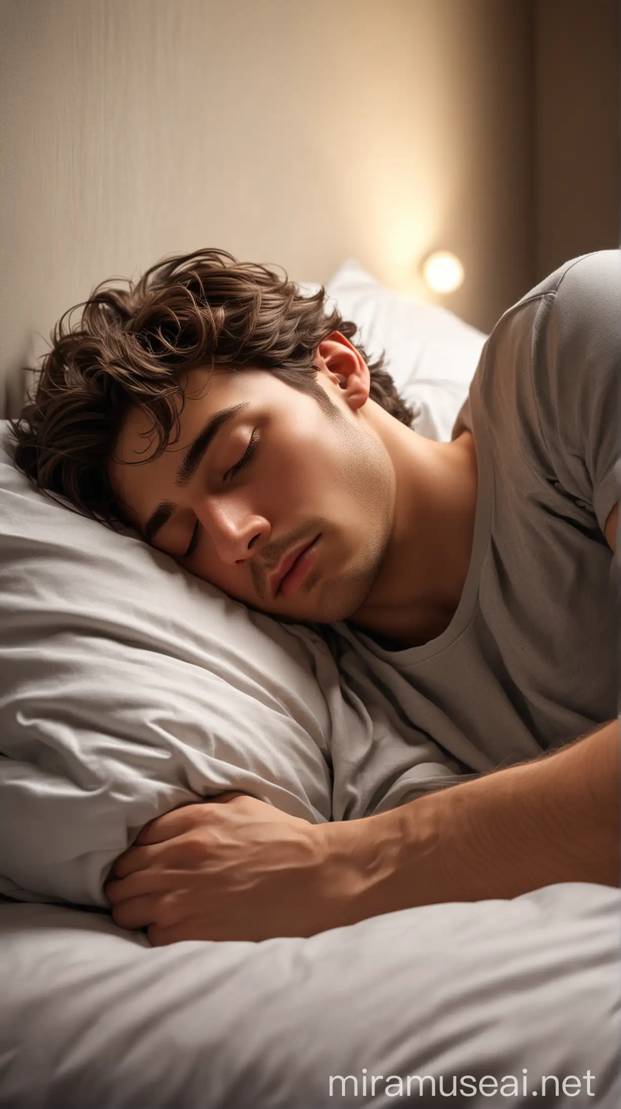 Create a 3d ultra high resolution image of a young male figure sleeping in a bed with dynamic lighting, dynamic colors.