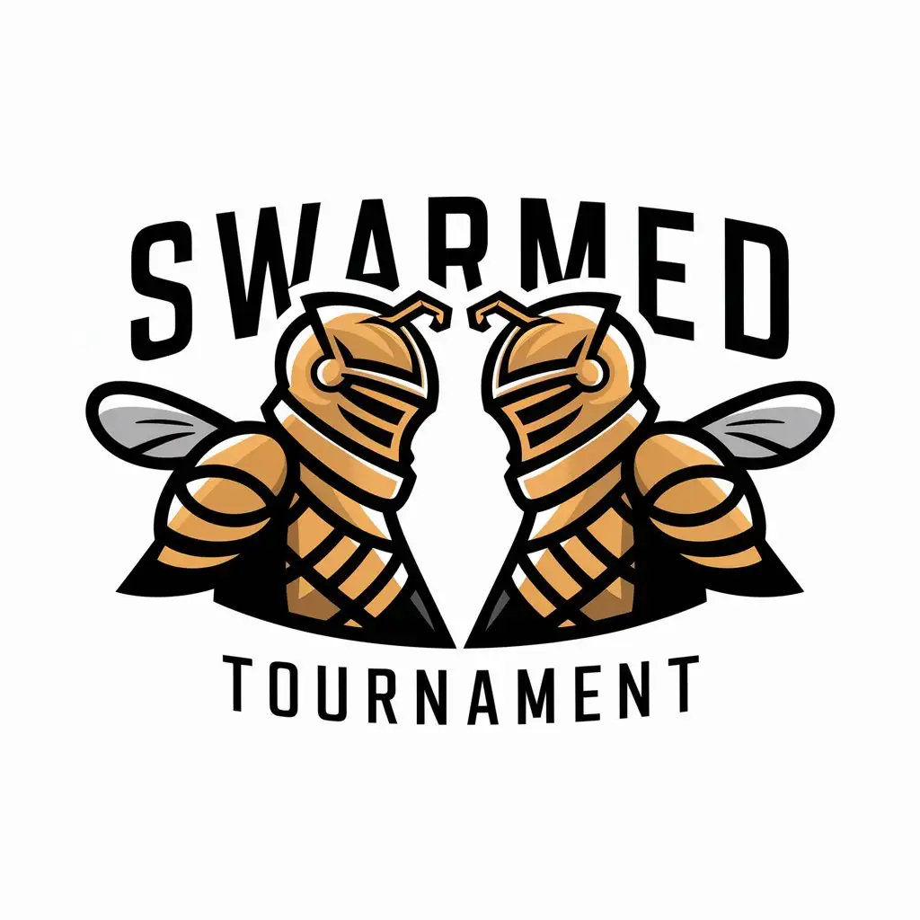 a logo design,with the text "SWARMED TOURNAMENT", main symbol:2 knights in bee armor facing each other ready to fight on a white background,Moderate,be used in Technology industry,clear background