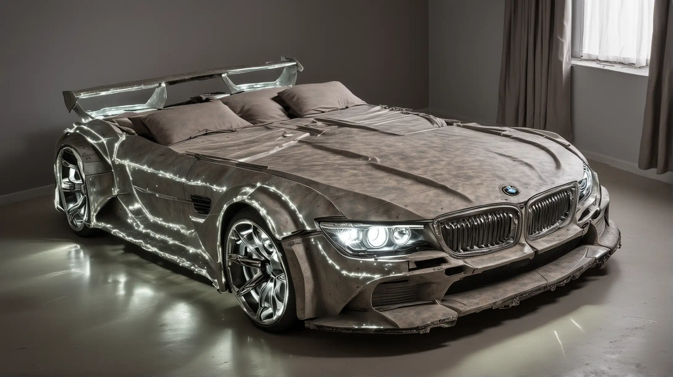 Double bed in the shape of a BMW car with headlights on and unusual coloring