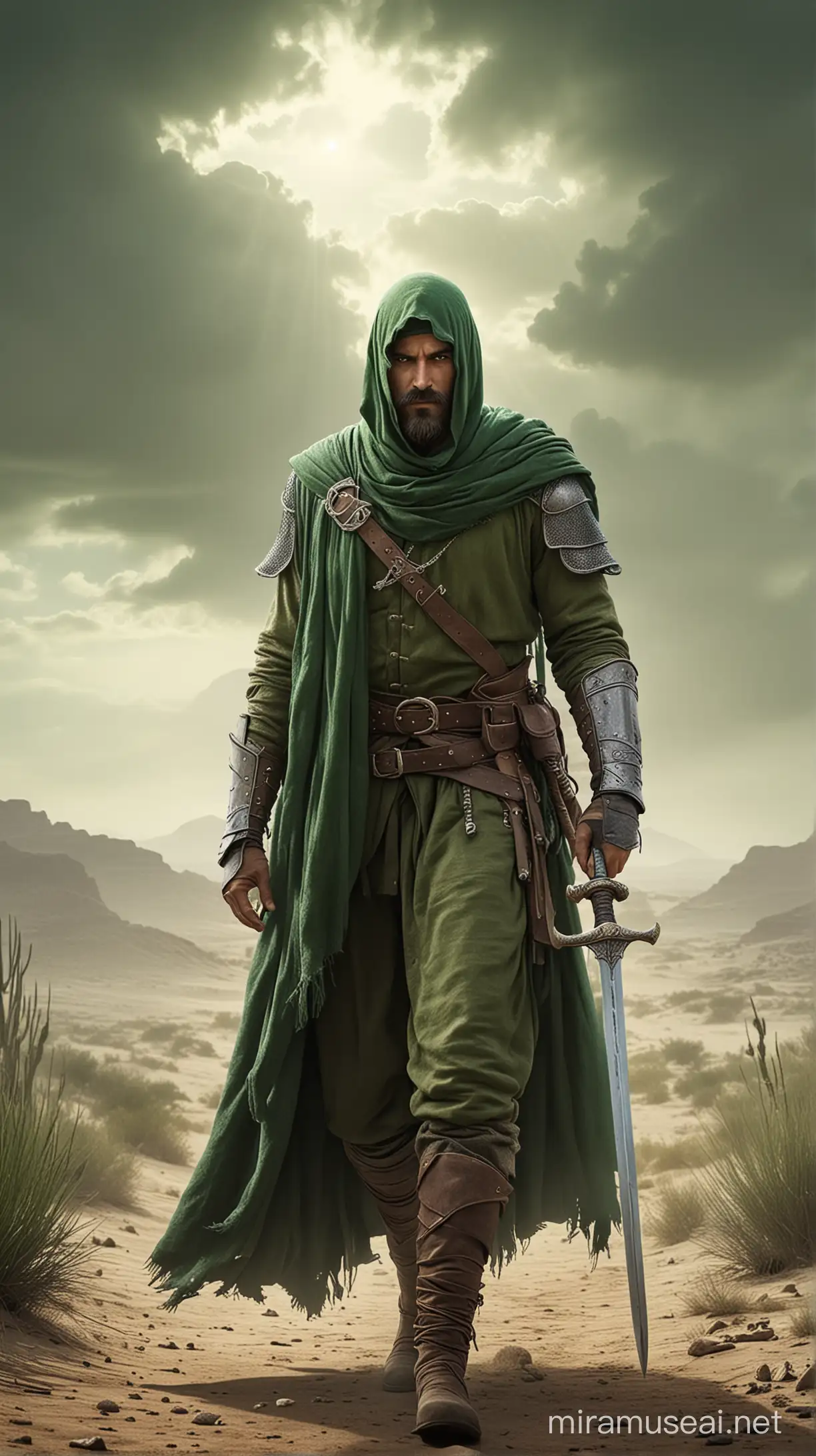 A man wearing green medieval battle attire, covering his head by green scarf, standing seriously in desert area, while carrying up two swords, medium beard and mustache, cloudy atmosphere, dramatic light, atmospheric mood, digital painting, realistic version 6