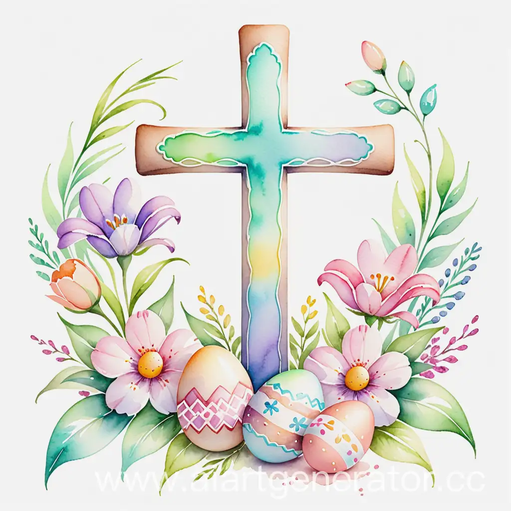 Нарисованный акварелью крест на пасху с цветами и яйцами в пастельных тонах
