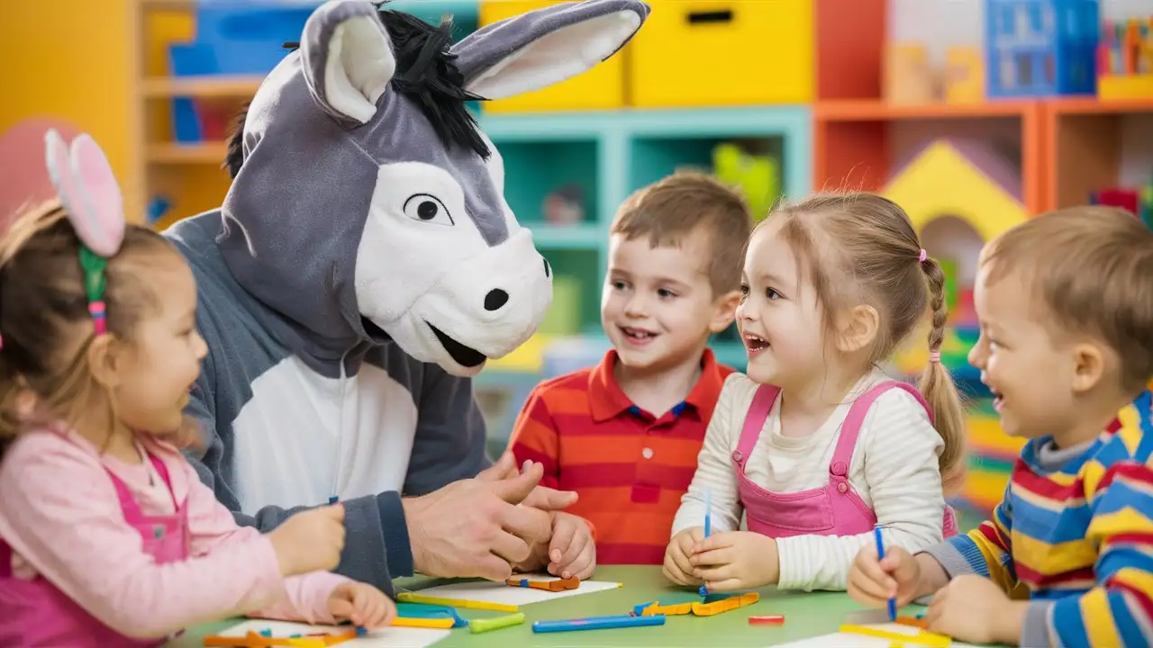 Man donkey head playing with kids in the kindergarden