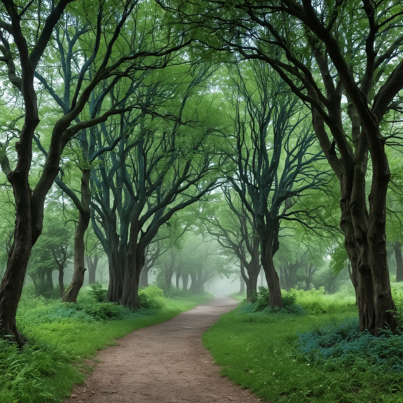 Tranquil-Path-Through-BlueGreen-Trees-in-Drizzling-Rain