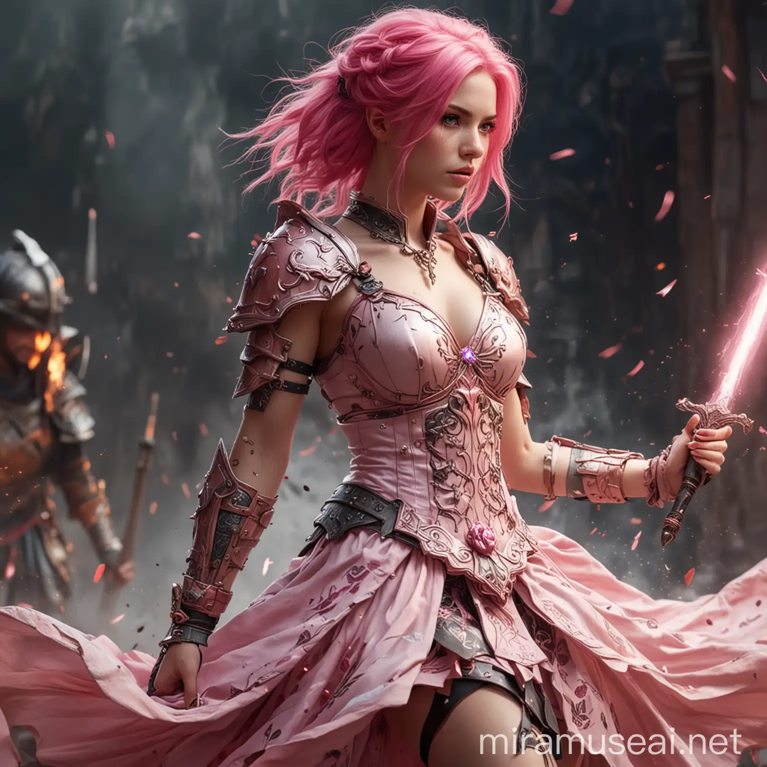 PinkHaired Female Warrior in Elegant Battle Dress Confronts Foe