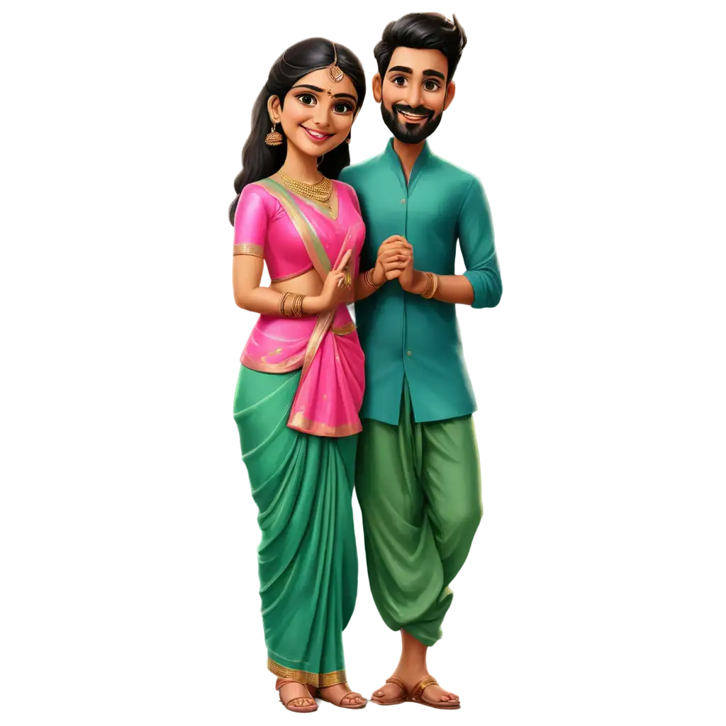 South-Indian-Wedding-Caricature-PNG-Bride-in-Pink-Saree-Groom-in-Lungi