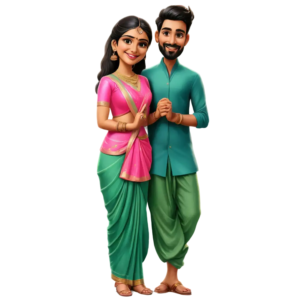 south indian wedding caricature in pinkish outfit of bride in saree and groom in lungi