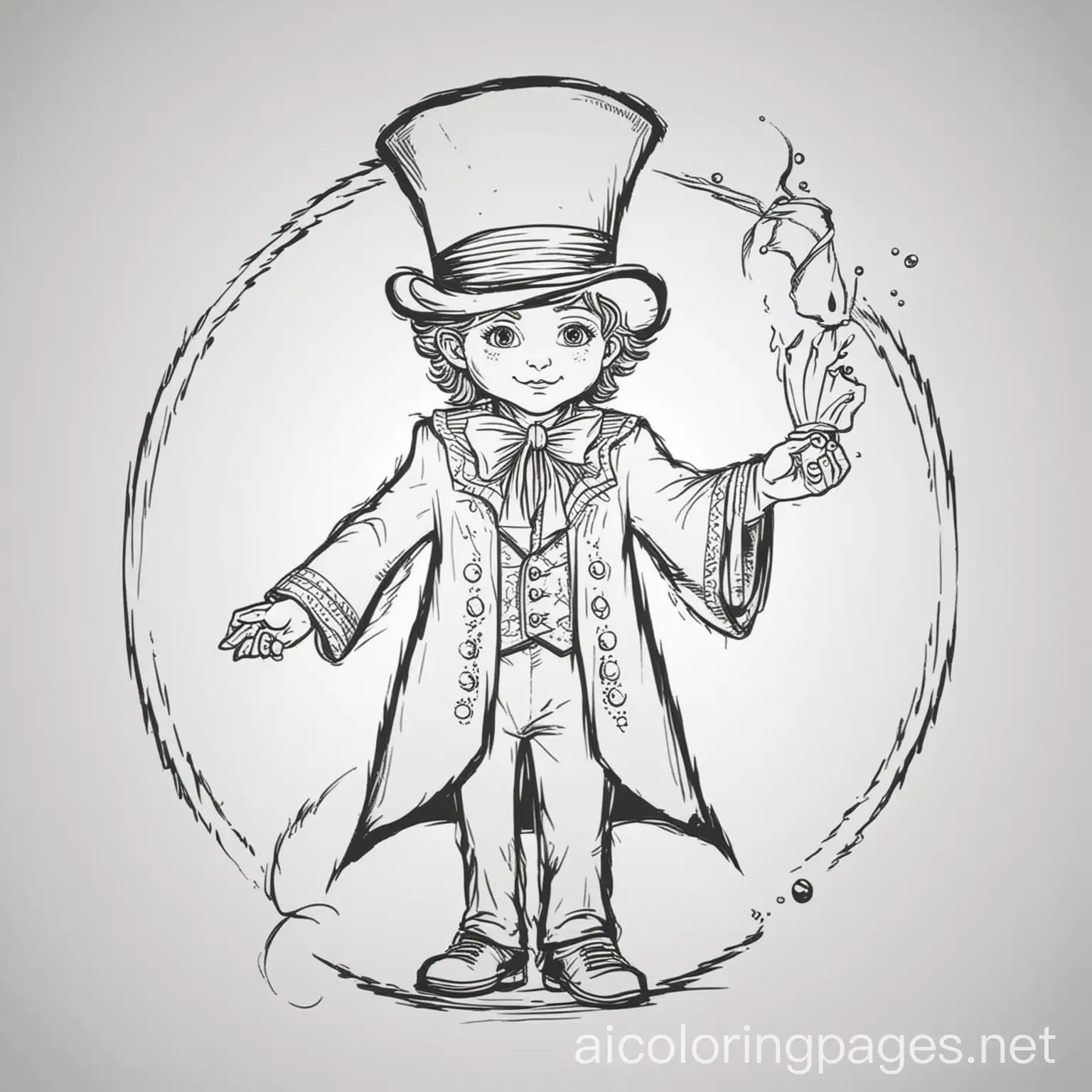 Magician, Coloring Page, black and white, line art, white background, Simplicity, Ample White Space. The background of the coloring page is plain white to make it easy for young children to color within the lines. The outlines of all the subjects are easy to distinguish, making it simple for kids to color without too much difficulty