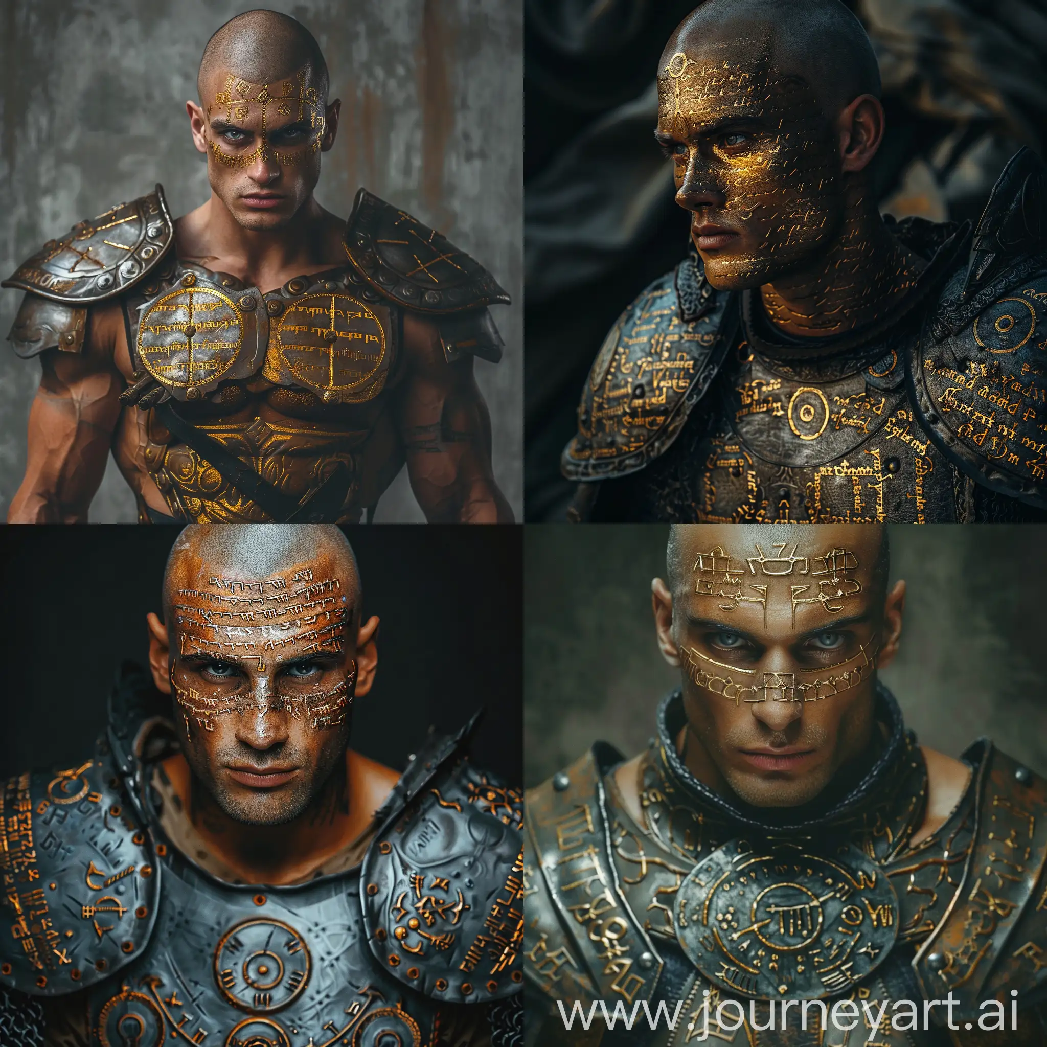 beautiful 30-years old man with perfect face features, golden tanned skin, lines of golden text on his body and face, muscular, completely bald and shaved, grey eyes, medieval, warrior priest armor, circle runes on armor 