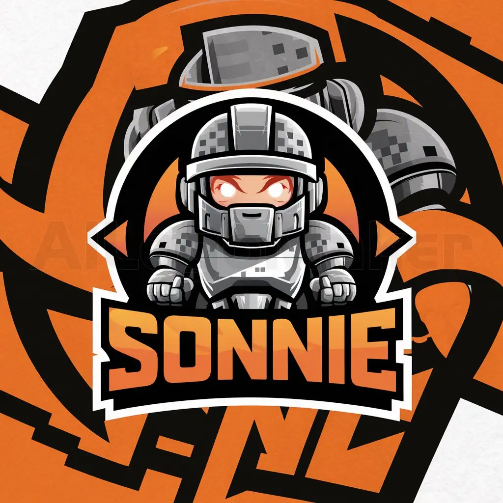 a logo design,with the text "Sonnie", main symbol:a logo design,with the text "SONNIE-JO", main symbol:Fully Armoured Future Solider
Cute
angry
Gamer Logo
Chest Up
Name Visible
Orange Black White,complex,clear background,complex,clear background