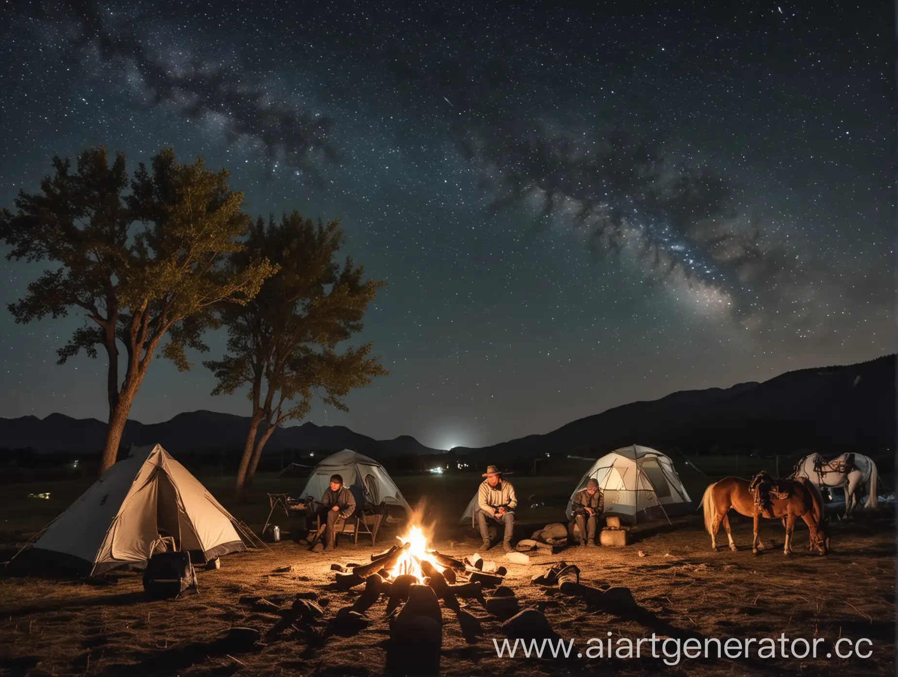 Romantic-Gypsy-Campfire-Night-with-Grazing-Horses-Under-Starry-Sky