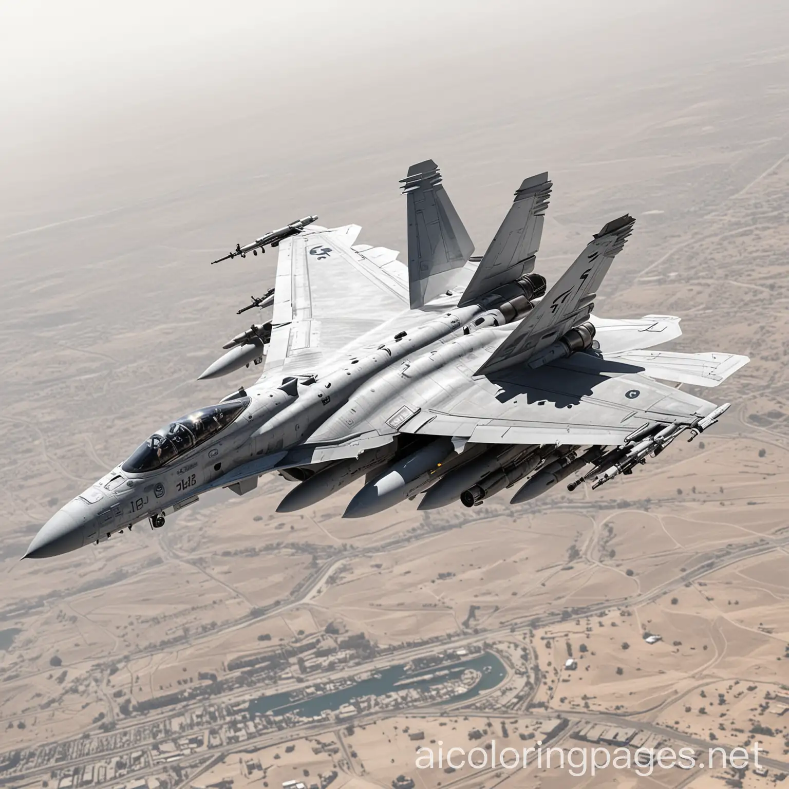 F18 over Iraq, Realistic Colors, Coloring Page, black and white, line art, white background, Simplicity, Ample White Space