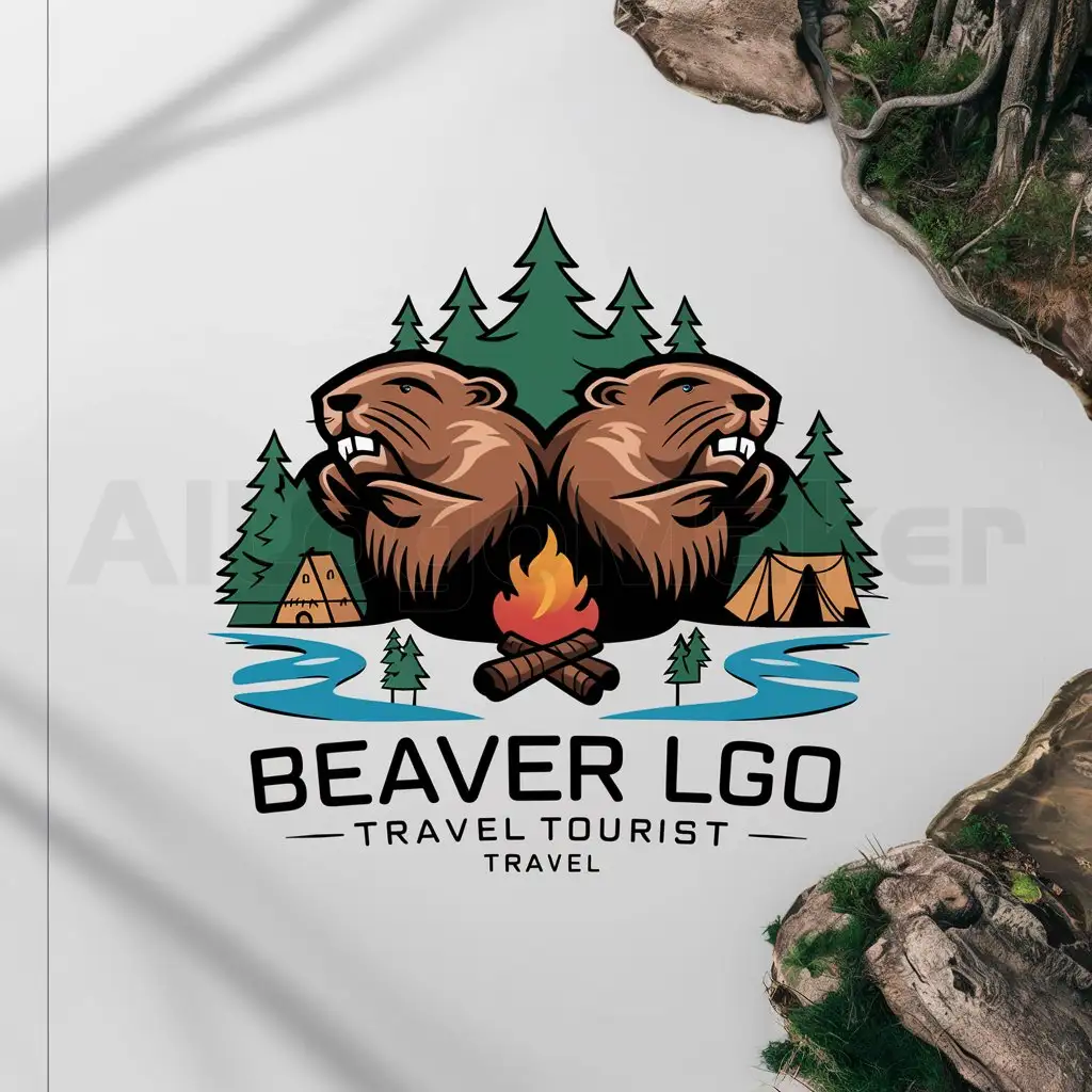 a logo design,with the text "flat, 2d, white background, company of Russian hardcore beavers, in the forest by the river, at a tourist tent, by the campfire doing wrong actions", main symbol:beavers,complex,be used in Travel industry,clear background