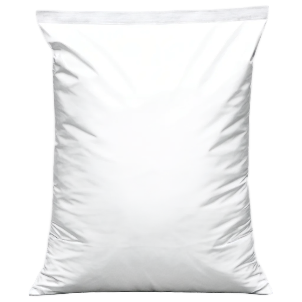Create an image featuring a white plastic sack filled with 25 kilograms of content, tightly sealed. In front of it, depict a mound of organic fertilizer with a texture resembling fine powder or granules