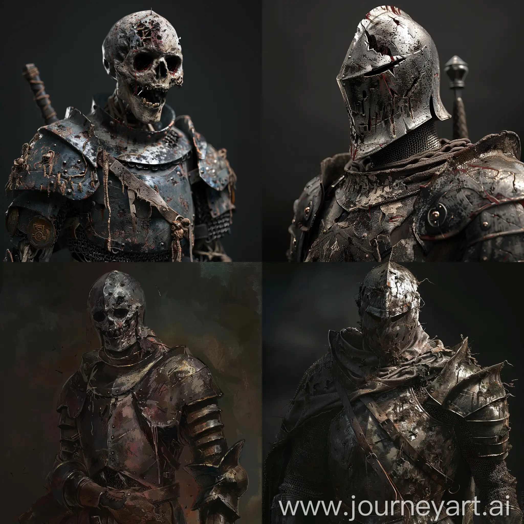The undead knight is without a helmet, in dirty broken armor.