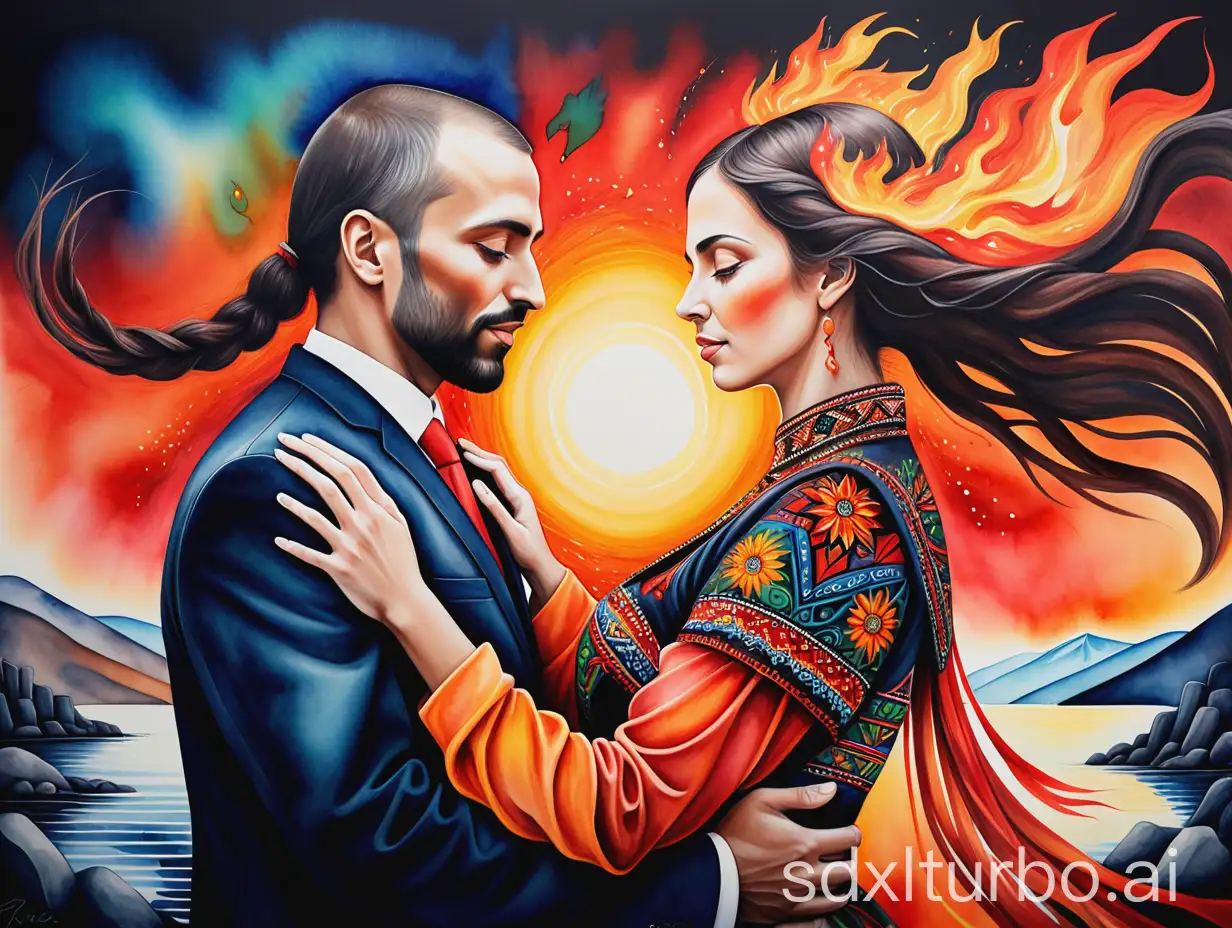 soft watercolor painting that captures the essence of love and unity. The artwork features a Bulgarian couple in love, dressed in national folklore suits, their faces beautifully blended with a kaleidoscope of colors that reflect the vibrant shades of the Black Sea. The backdrop showcases the Bulgarian Black Sea and mountains, all illuminated by the sun, adding a layer of innovative energy to the piece. The artwork is a masterful combination of wildlife photography, illustration, painting, and conceptual art, creating a powerful sense of love and togetherness. The nature vibe adds an edgy and dynamic touch, reflecting the couple’s passion and connection. Titled “We are FIRE AND LOVE in the soul,” this piece is a testament to the intensity of their love, an artistic masterpiece that captures the spirit of unity
