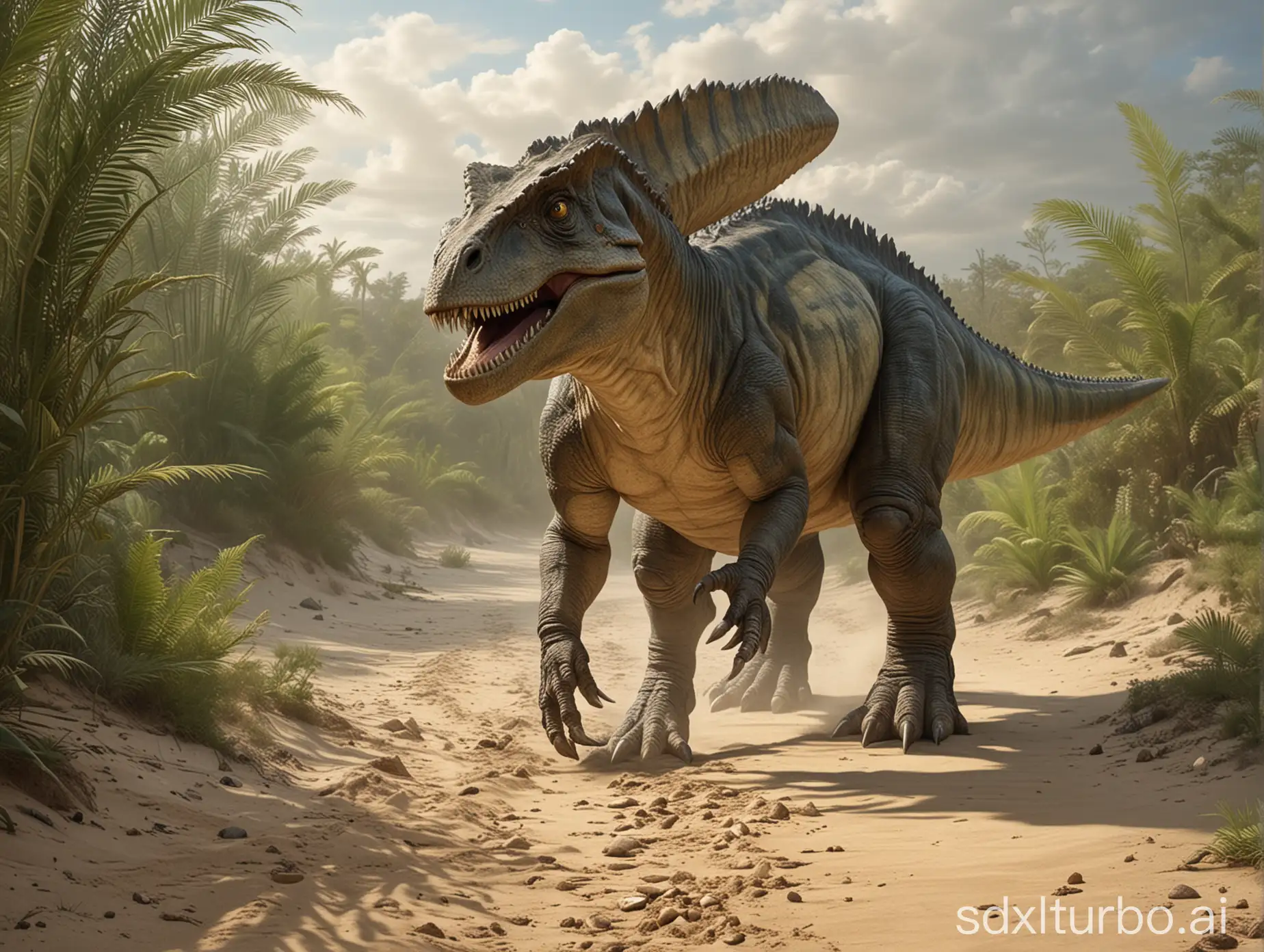 Gigantosaurus auf einem  Sandweg