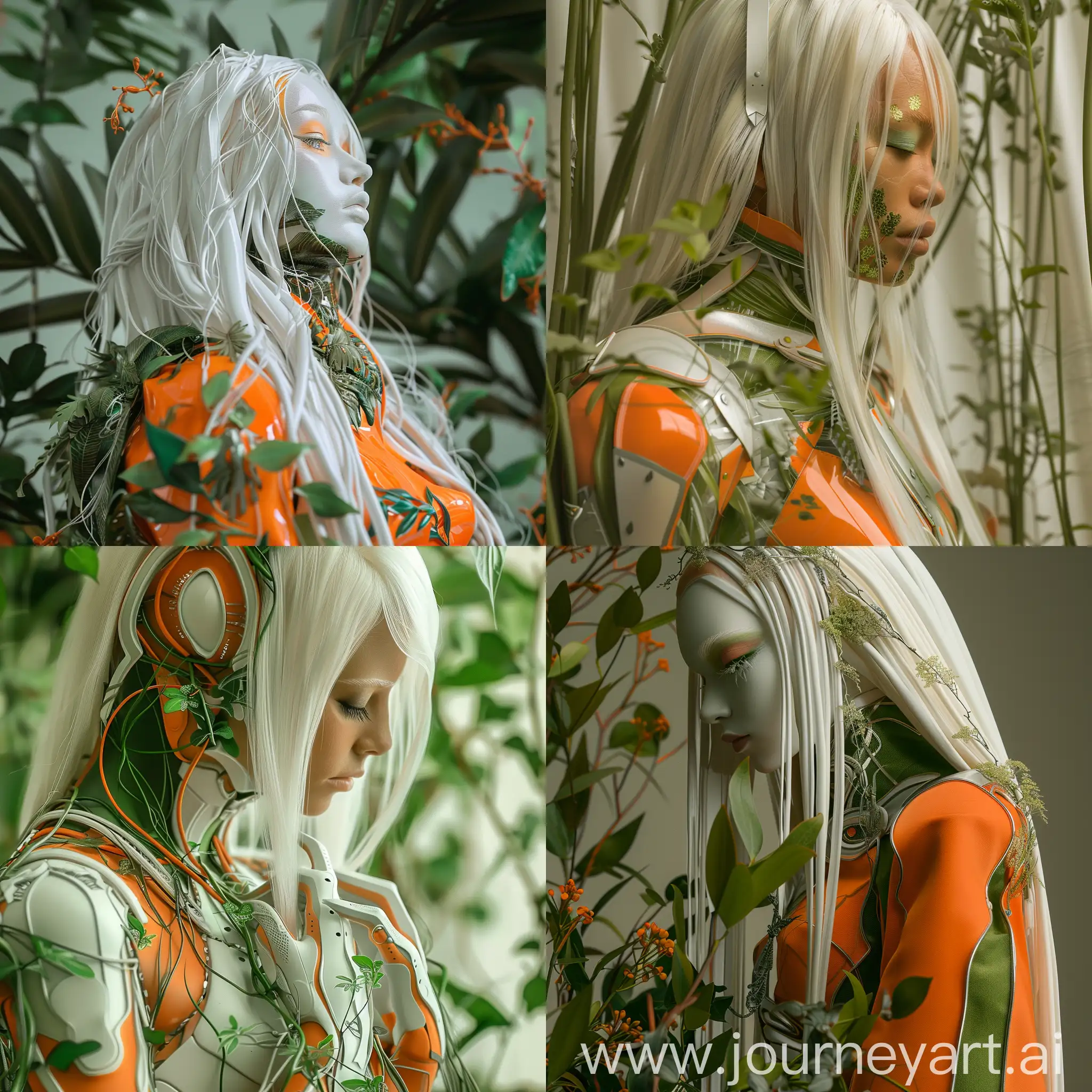  android woman with long white hair, plants, postmodern photography, elegant figures, orange and green, art nouveau fashion, closeup