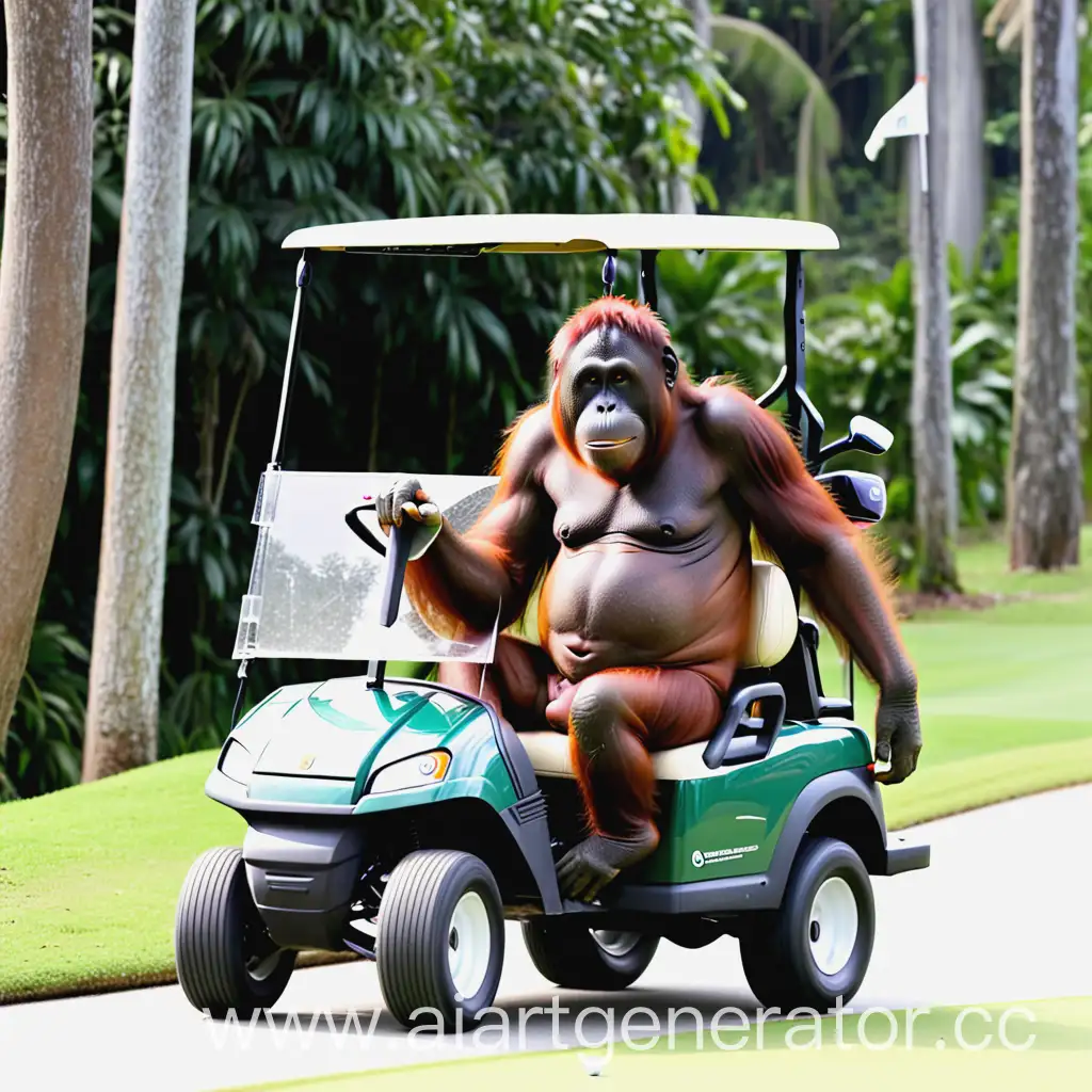 Орангутанк едет на гольф машине