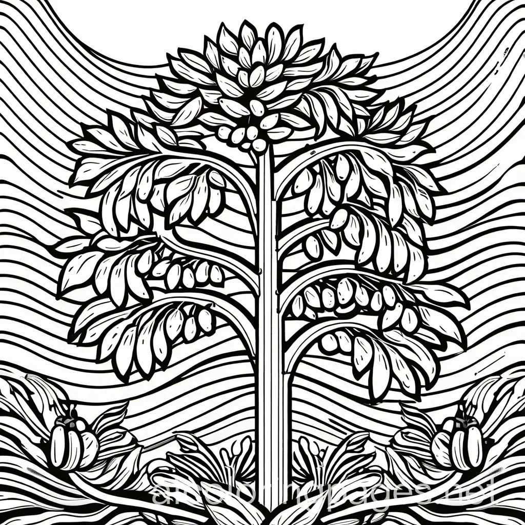 banana tree with lots of bananas and blossoms, Coloring Page, black and white, line art, white background, Simplicity, Ample White Space. The background of the coloring page is plain white to make it easy for young children to color within the lines. The outlines of all the subjects are easy to distinguish, making it simple for kids to color without too much difficulty
