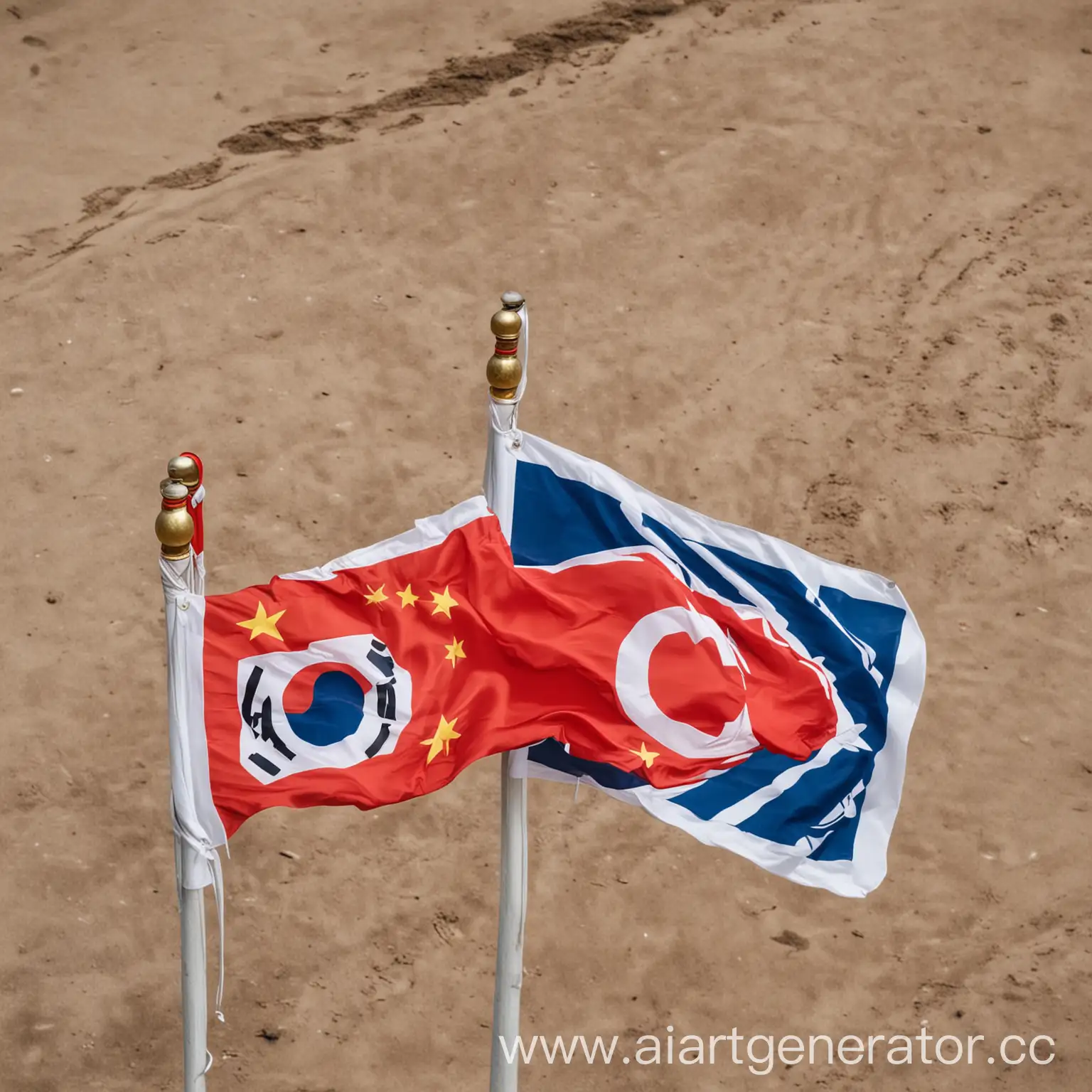 Flags-of-China-and-South-Korea-Flying-Together-in-the-Wind