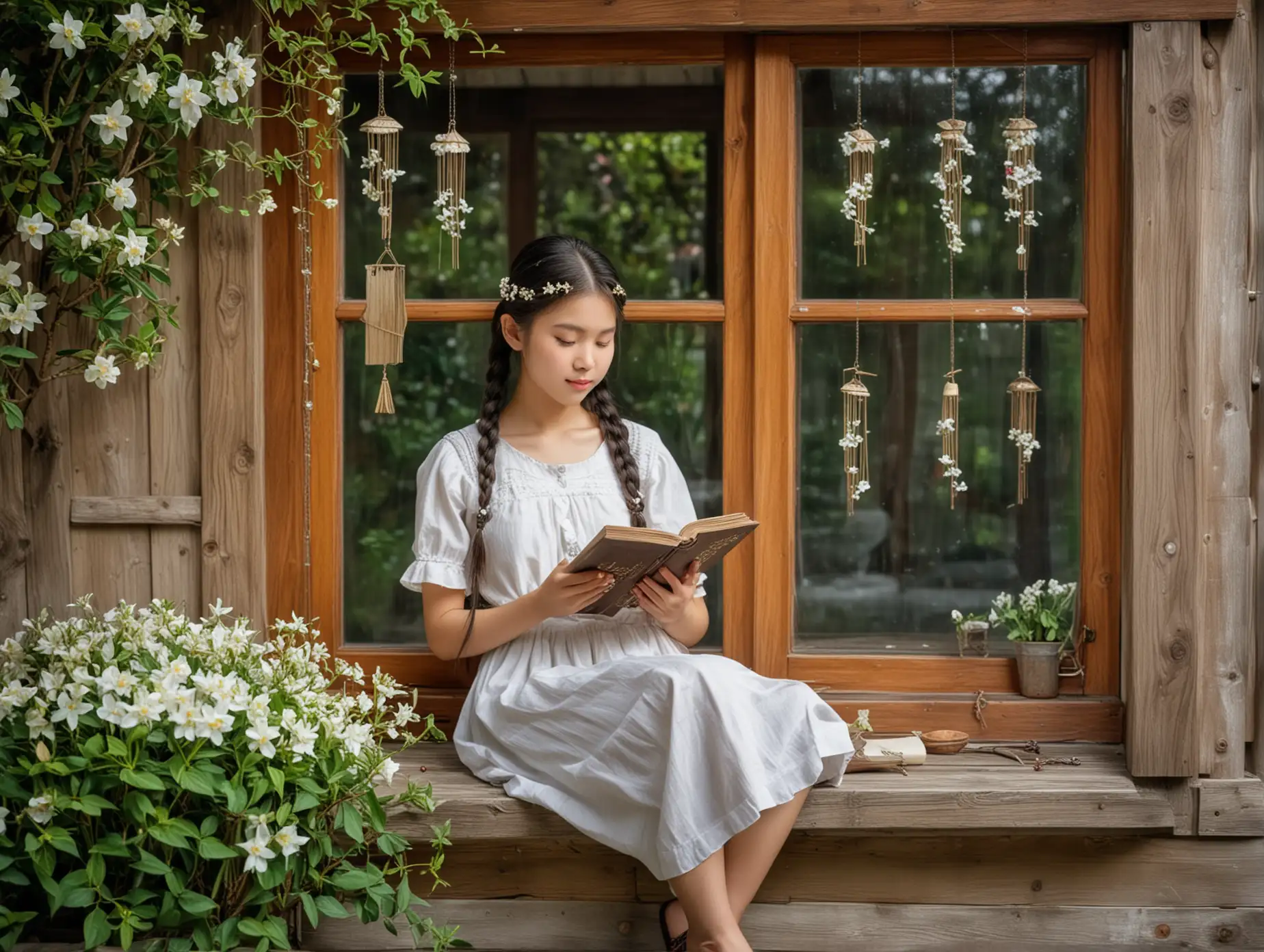 Asian girl, two braids, holding a book, sitting in front of the window of a small wooden house, wood-framed glass window, a string of wind chimes in front of it, flowers consisting of several white jasmine beneath it