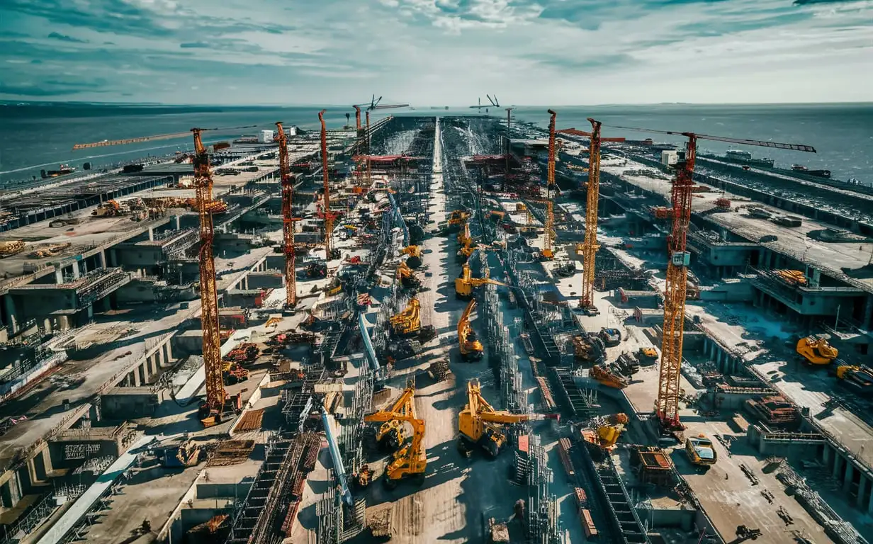 a very real mega constructions happening on the sea, with on going constructions only showcasing machines, cranes and other things for 
 huge constructions on the sea spanning over a very huge area but in the very early stages of construction