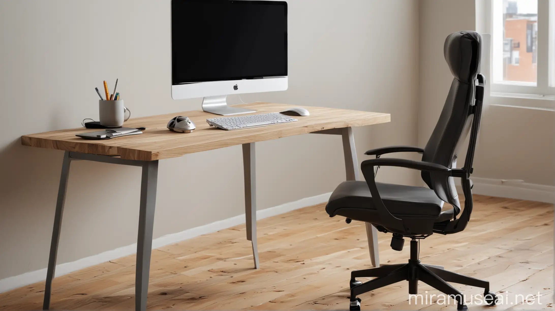 Sleek laptop on a modern wooden office desk with a modern office chair in a well-lit room