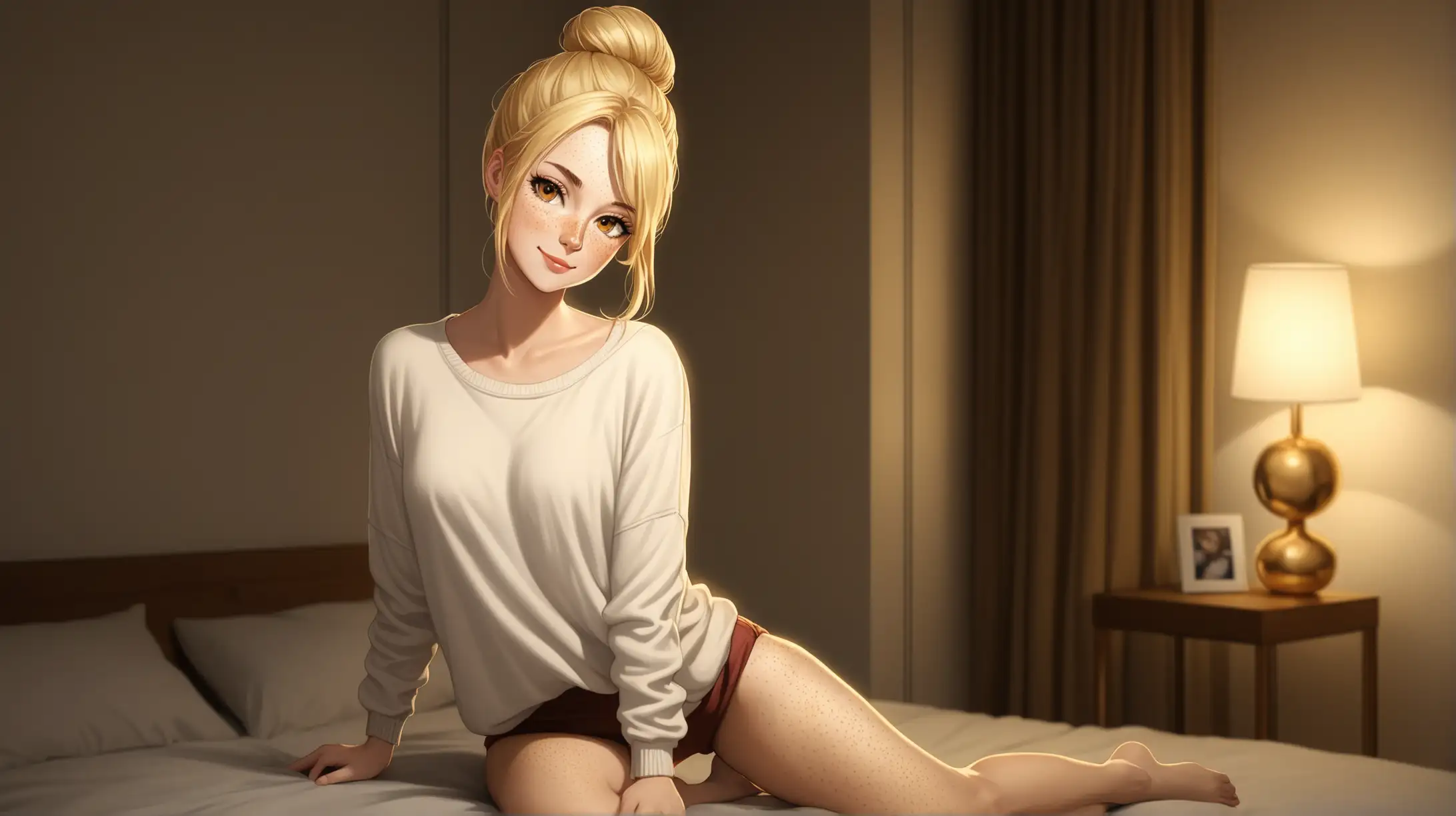 Seductive Blonde Woman in Casual Attire Smiling in Dimly Lit Bedroom