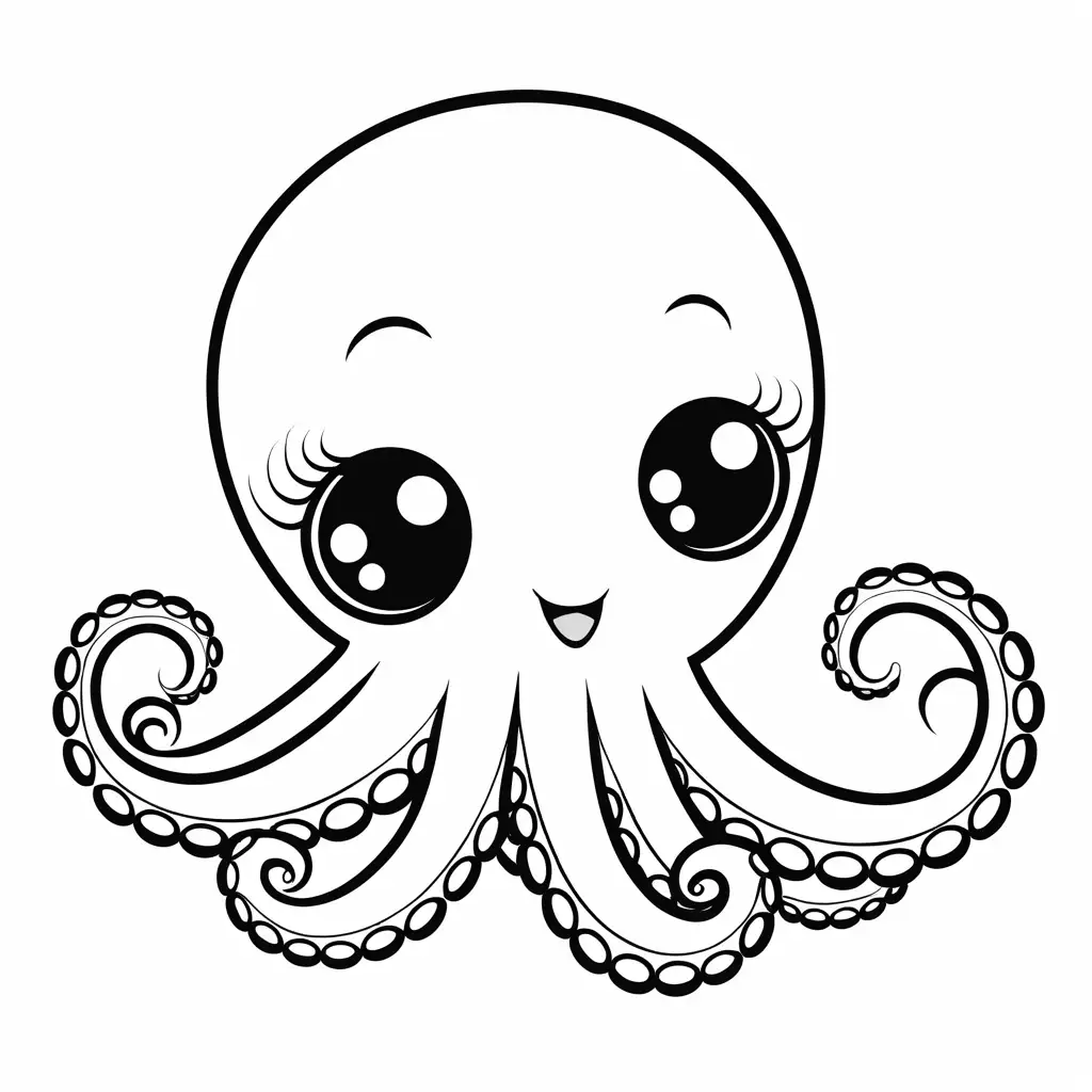 cute octopus with lots of eyelashes easy to color, Coloring Page, black and white, line art, white background, Simplicity, Ample White Space