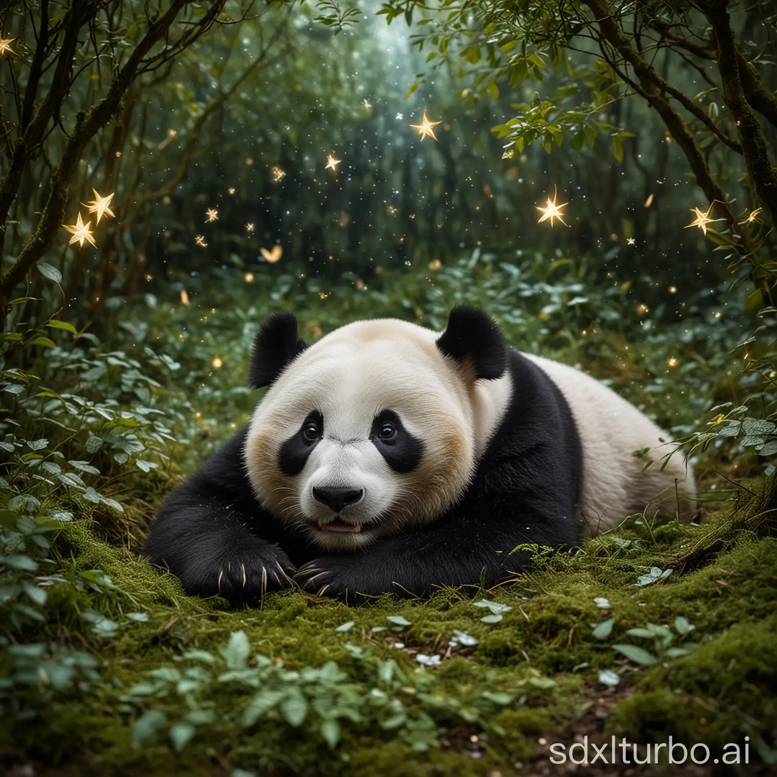 Unter einem Baldachin aus Blättern und Zweigen ruht der Panda friedlich auf einem moosbewachsenen Bett. Sein Schnarchen mischt sich mit dem leisen Rascheln der Blätter im Wind, während die Sterne über ihm wie Diamanten funkeln.