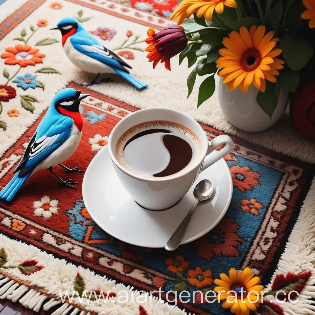 A cup of morning coffee and in the background carpets and birds and flowers