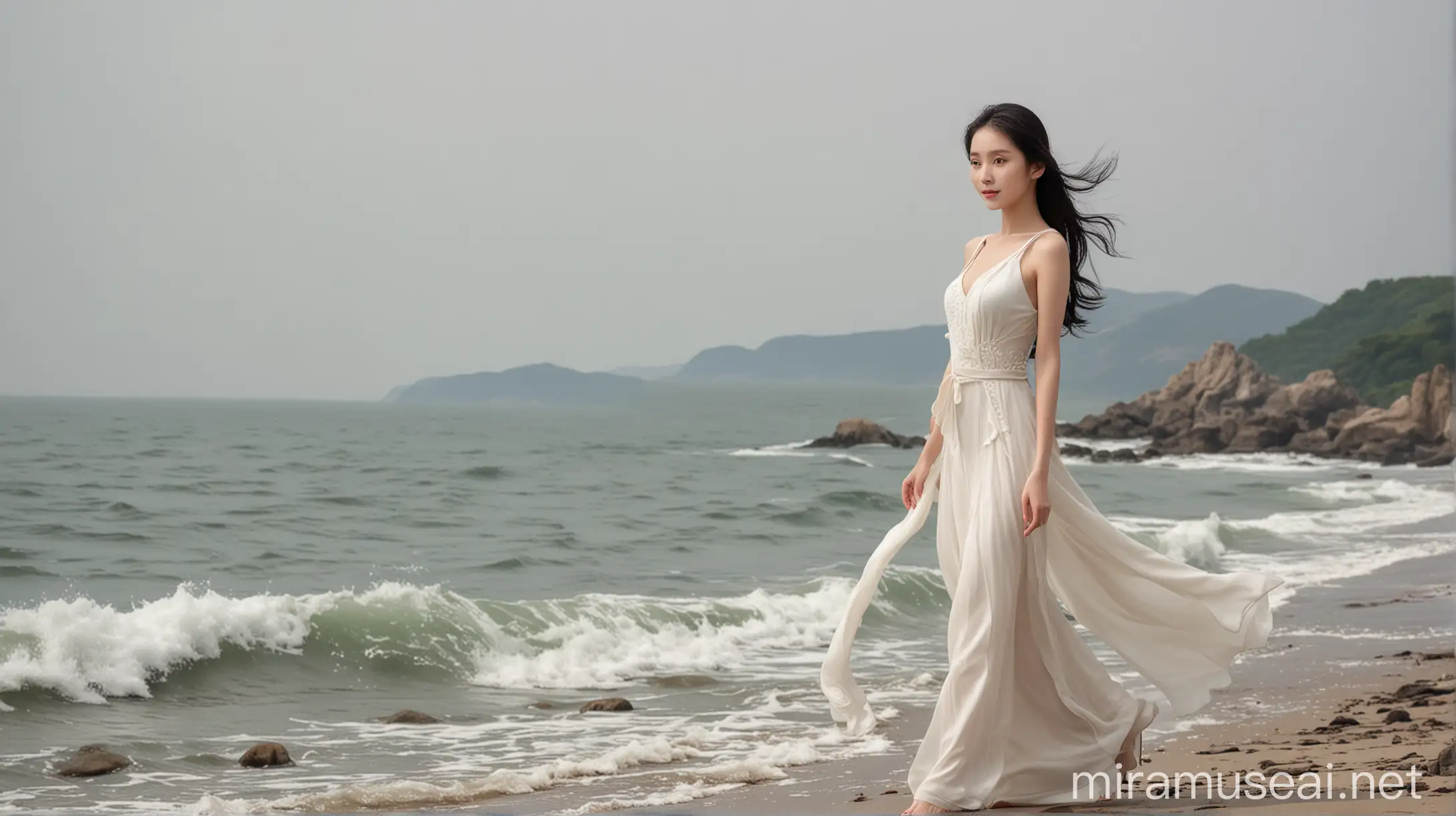 Elegant Chinese Woman Strolling Along the Serene Seashore