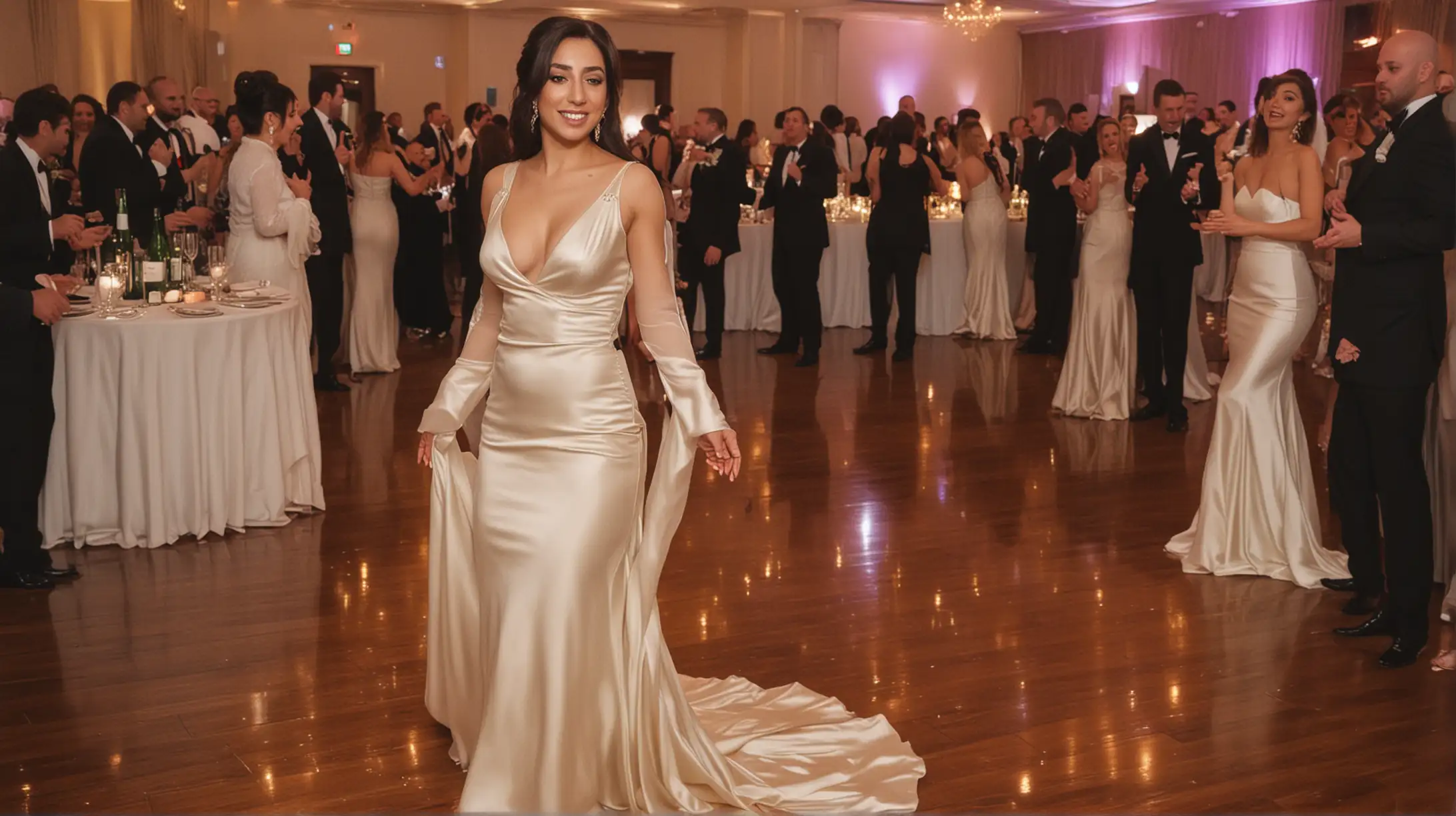 Elegant ArabAmerican Bride Dancing in Ivory Silk Satin Gown at Wedding Reception