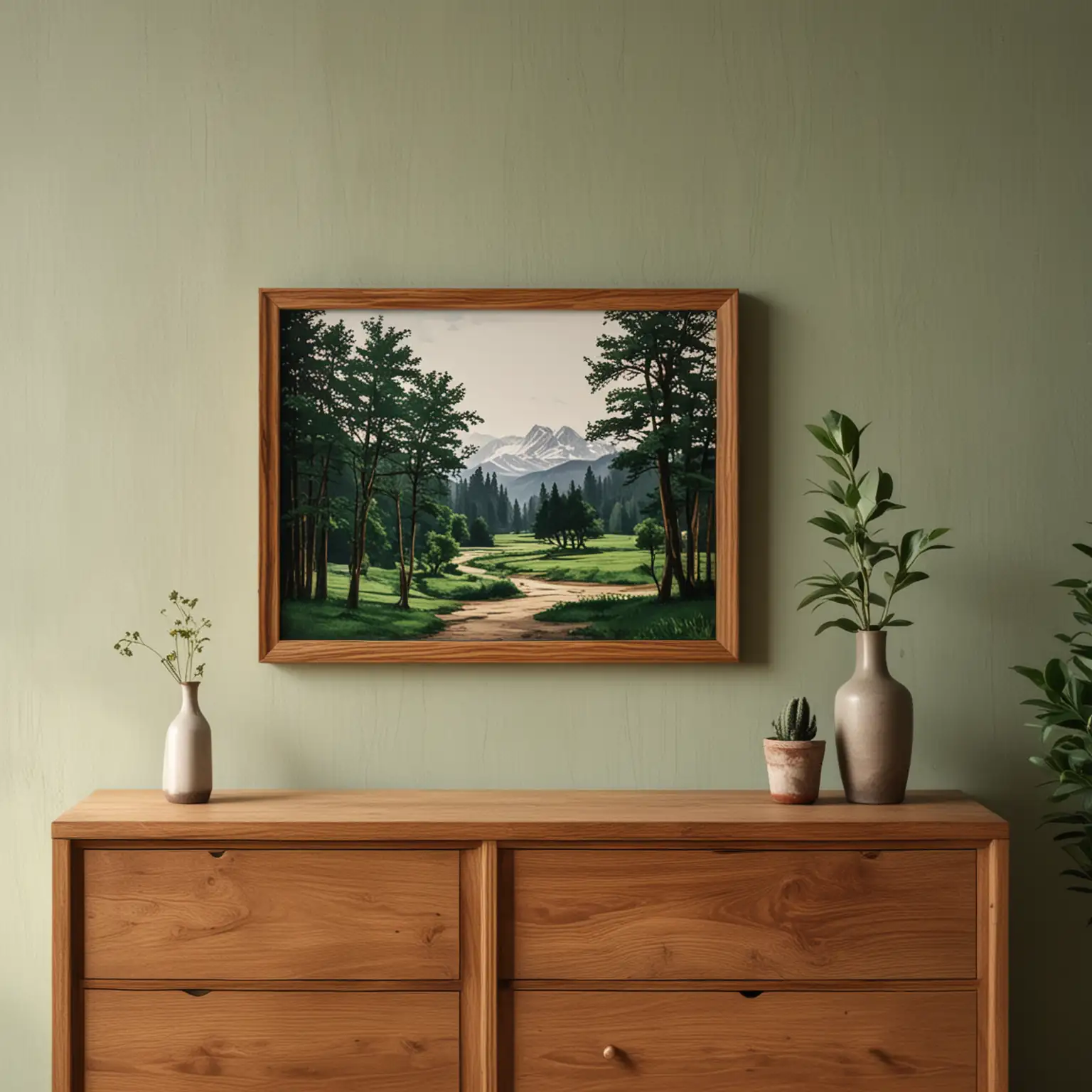 generate a photo about an art piece in a frame (the art is with passpartout, in landscape format)  on a dresser next to a window. the wall is dark green