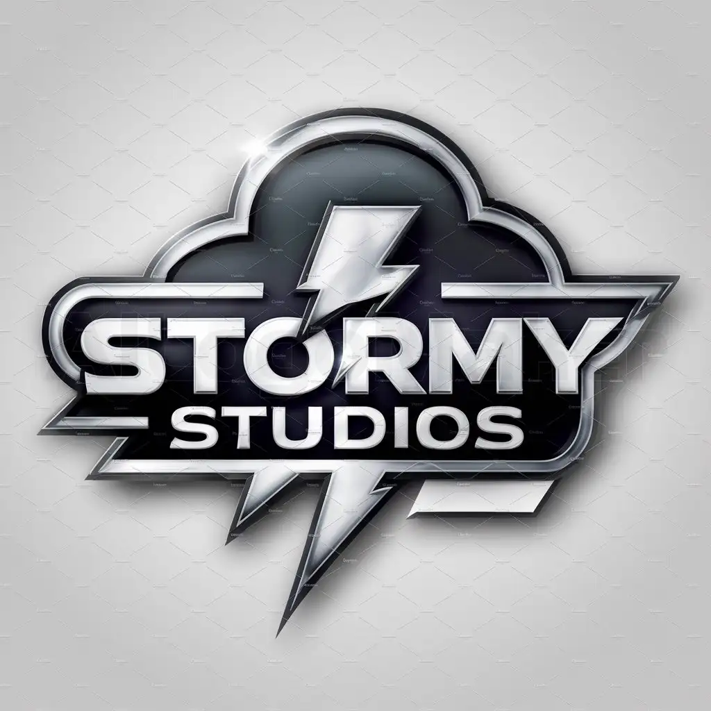 a logo design,with the text "Stormy Studios", main symbol:A Storm Cloud That Has A Lighting bolt coming out of it. Black and white silver and metal look,Moderate,be used in Internet industry,clear background