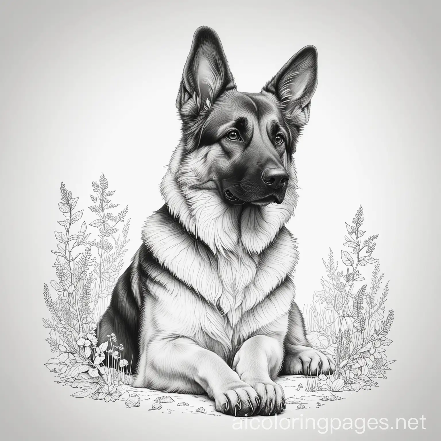 Dreamy fairy German shepherd, Coloring Page, black and white, line art, white background, Simplicity, Ample White Space. The background of the coloring page is plain white to make it easy for young children to color within the lines. The outlines of all the subjects are easy to distinguish, making it simple for kids to color without too much difficulty
