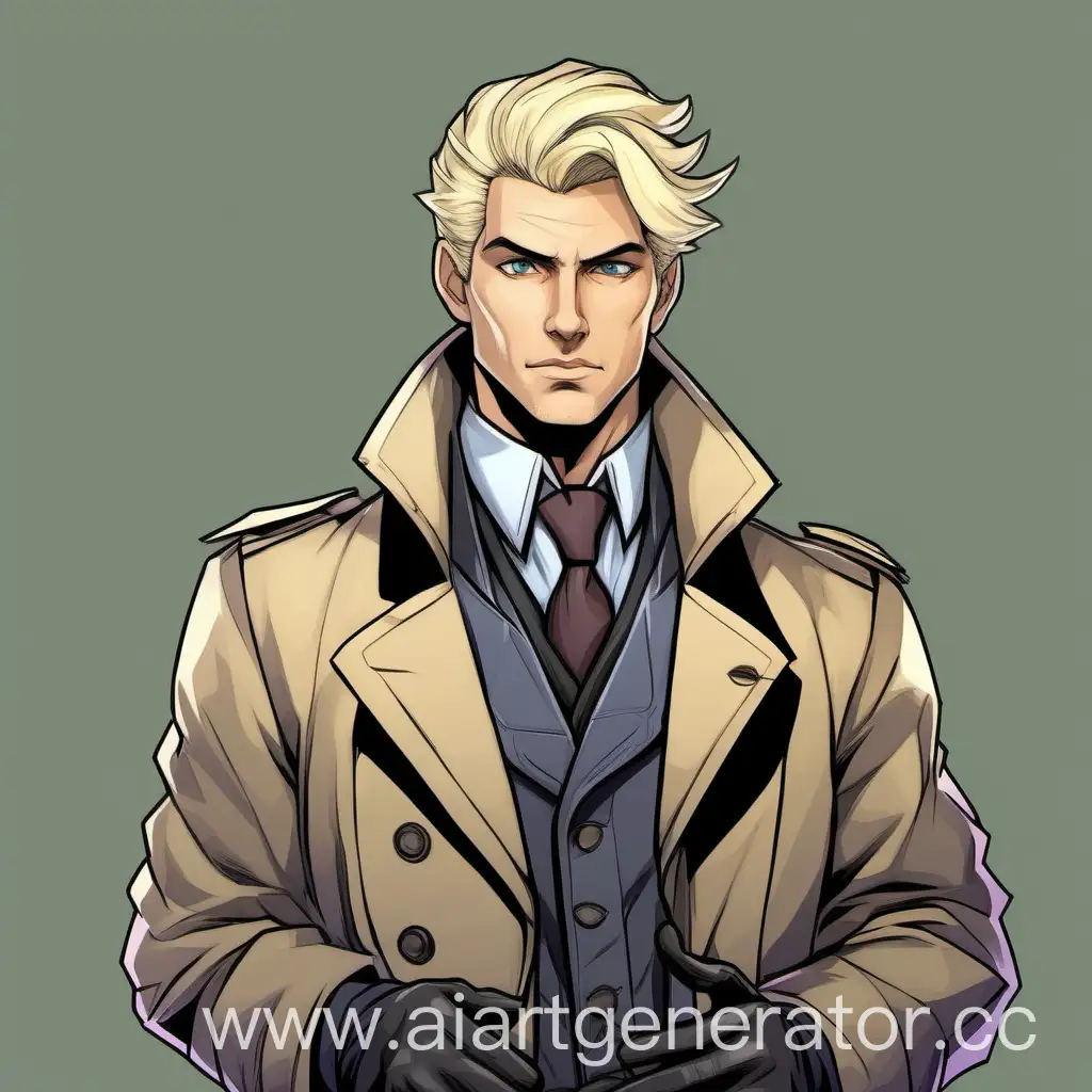 Make a portrait century detective. He looks 30 years old. He is also drawn, but as if in the style of an avatar from D&D and beautifully. Also add black gloves. Make a few more hand gestures. He's wearing a coat. He has big gray eyes, blond hair and a hairstyle on the right