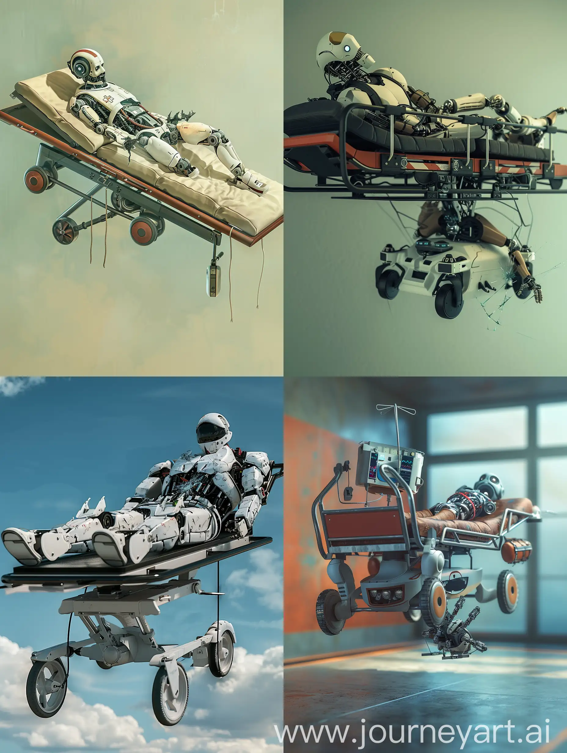 A flying medical gurney with a broken robot lying on it