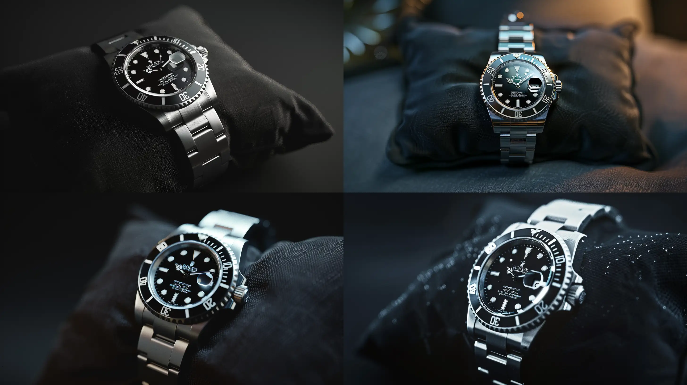 Luxurious-Rolex-Submariner-Watch-on-Cushion-Professional-Color-Grading-and-Soft-Shadows